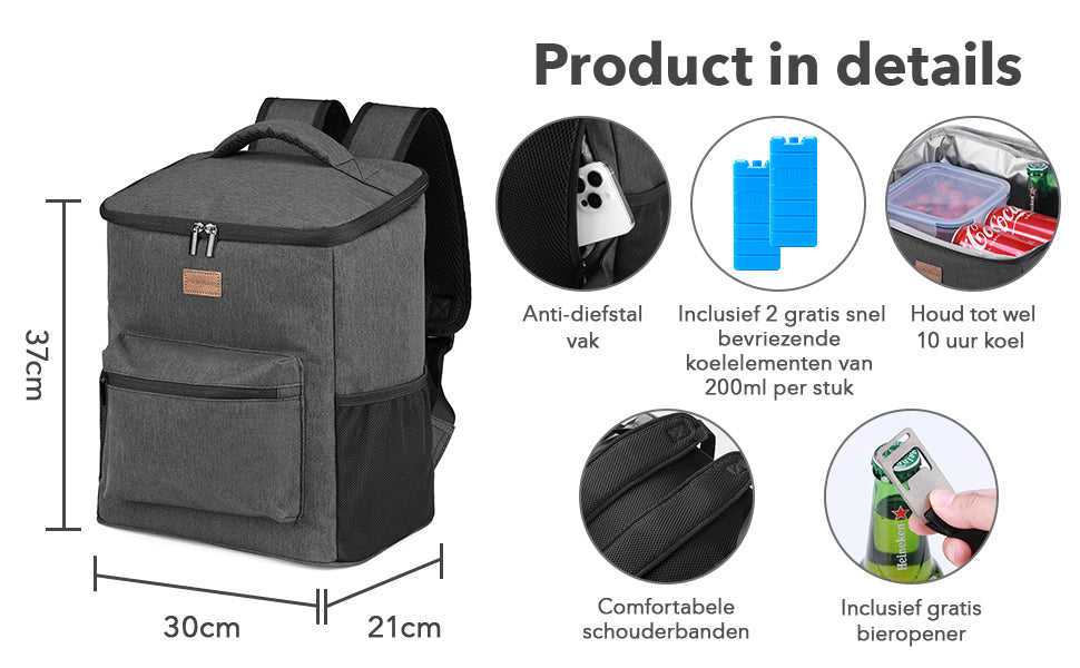 Koeltas rugzak 25L grijs - Waterafstotend - anti diefstal vak - 4 laags geïsoleerd - Incl. 2 gratis koelelementen en gratis flessenopener