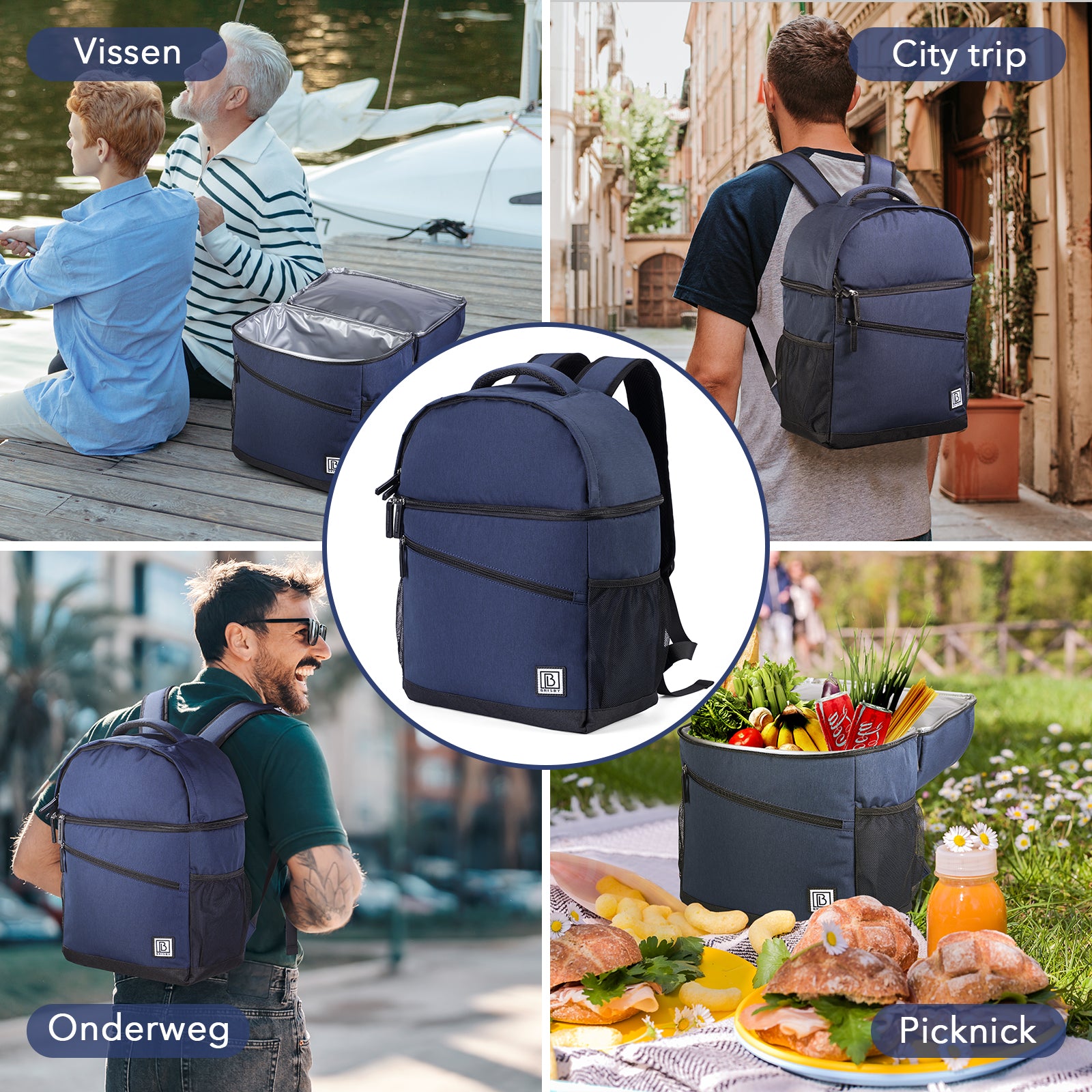 Brisby Koeltas 25L blauw - rugzak - 4-laags geïsoleerd - waterafstotend - incl. 2 gratis koelelementen en bieropener