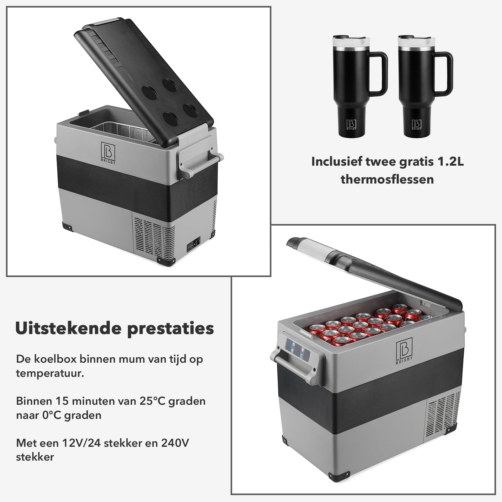 Compressor koelbox 49,5L - Dual zone - koelen en vriezen - 12V en 230V - incl. 2x 1,2L thermosbekers