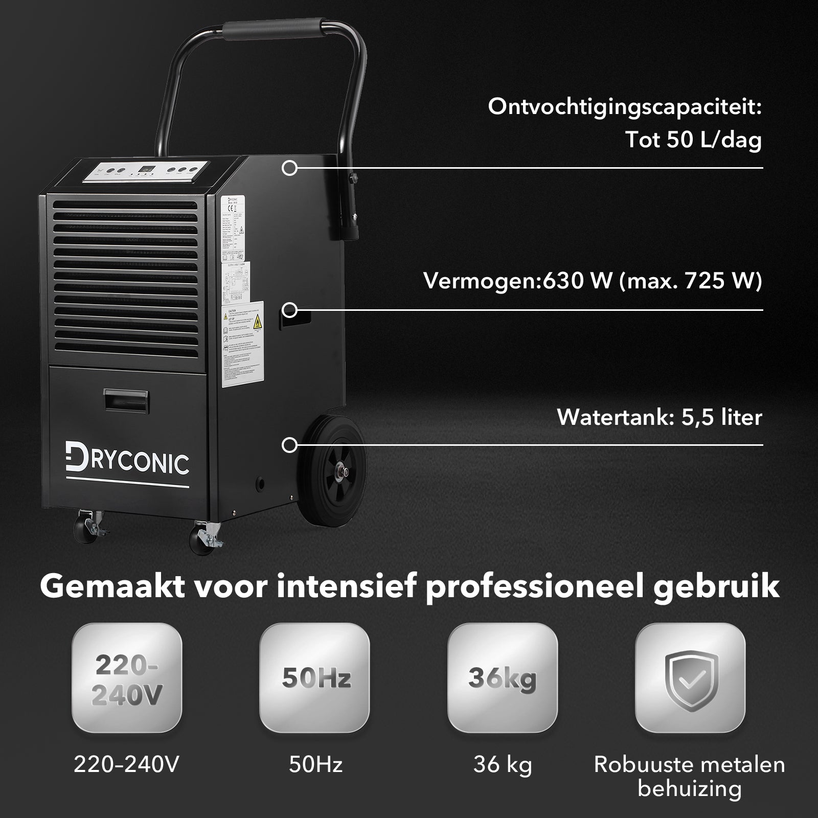 Dryconic luchtontvochtiger 50L - professionele bouwdroger - continue afvoer - 5,5L watertank