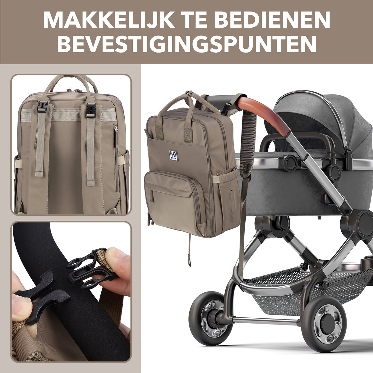 Brisby slijtvaste Luiertas – verzorgingstas – met buggymontage - Stone Greige