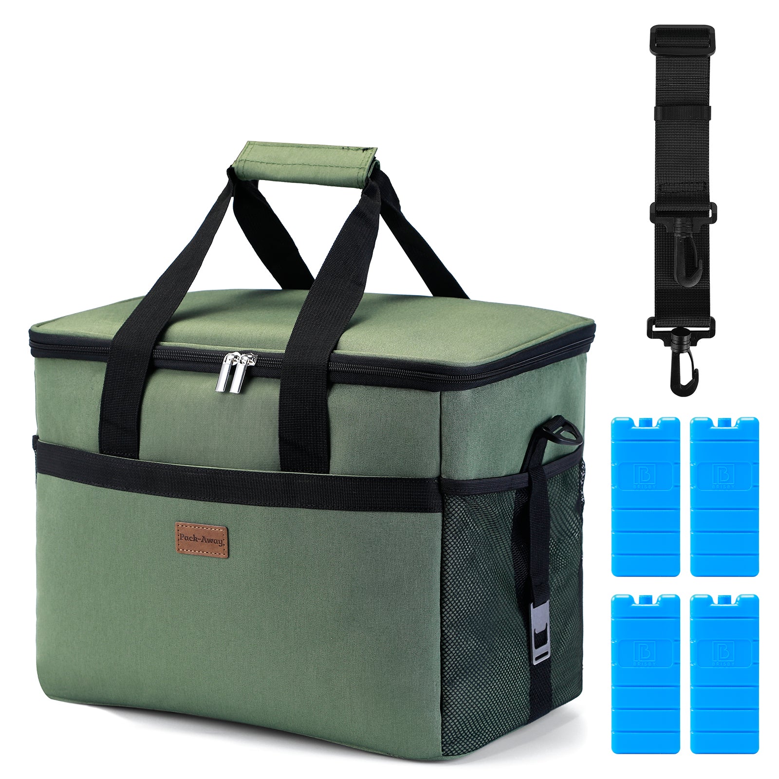 Cooler bag 30L green - lunch bag - foldable - 4-layer insulated - incl. 4 free cooling elements and carrying strap
