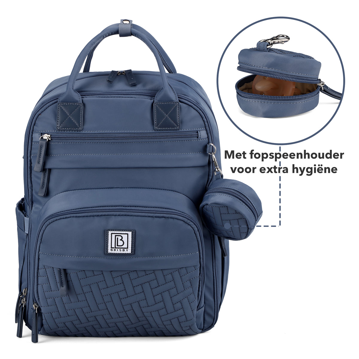 Brisby Premium Luiertas – Uitgebreide en Functionele Verzorgingstas – met buggymontage – Anti Diefstal Vakken - Reistrolley Sleeve - Inclusief verschoonmatje t.w.v.15,99 euro en speenhouder - Levenslange Garantie - Nordic Blue