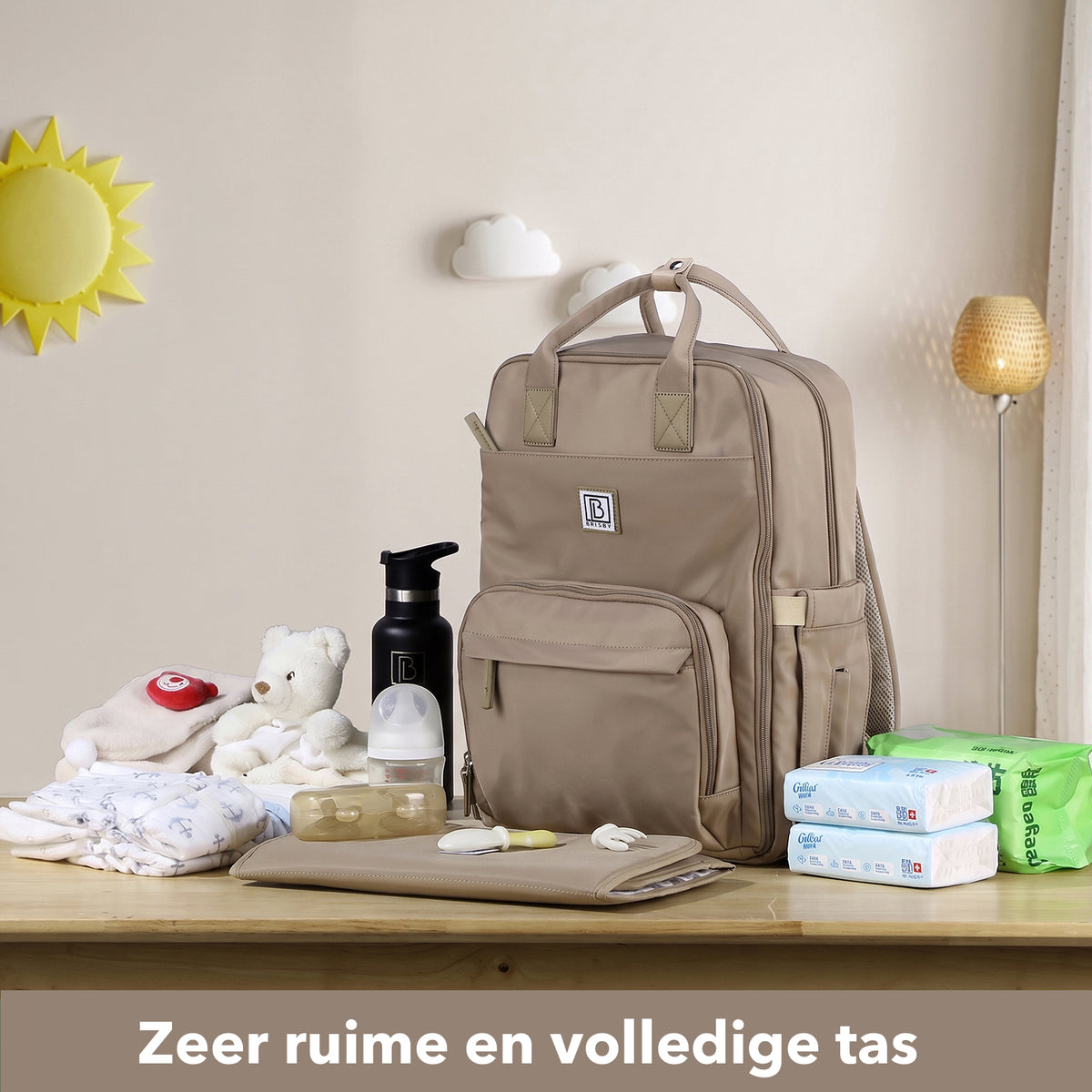 Brisby slijtvaste Luiertas – verzorgingstas – met buggymontage - Stone Greige
