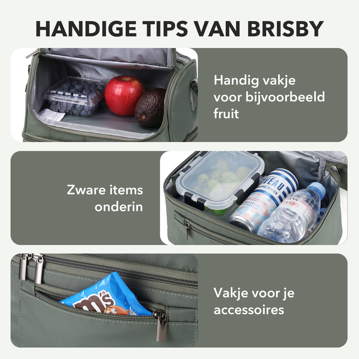 Brisby Koeltas 11 Liter - Lunchtas - Inclusief 2 Koelelementen - Dubbel Compartiment - 4-Laags Geïsoleerd - Waterafstotend - Misty Green