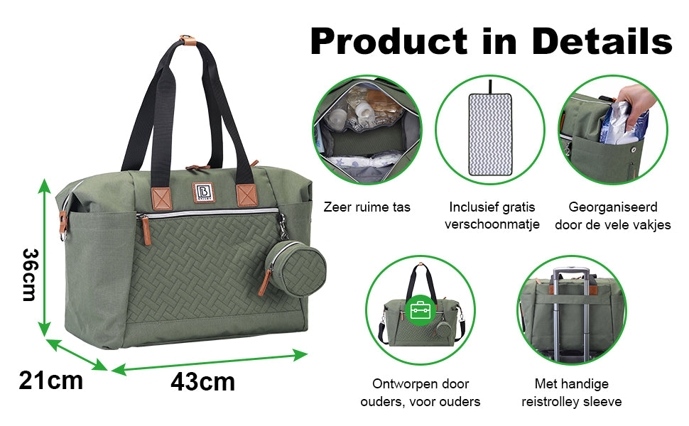 Brisby Wear-resistant Diaper Bag - Nursing Bag Large - Green - Including Changing Mat - Insulated Pockets - Pacifier Holder - Easy to Attach to the Stroller