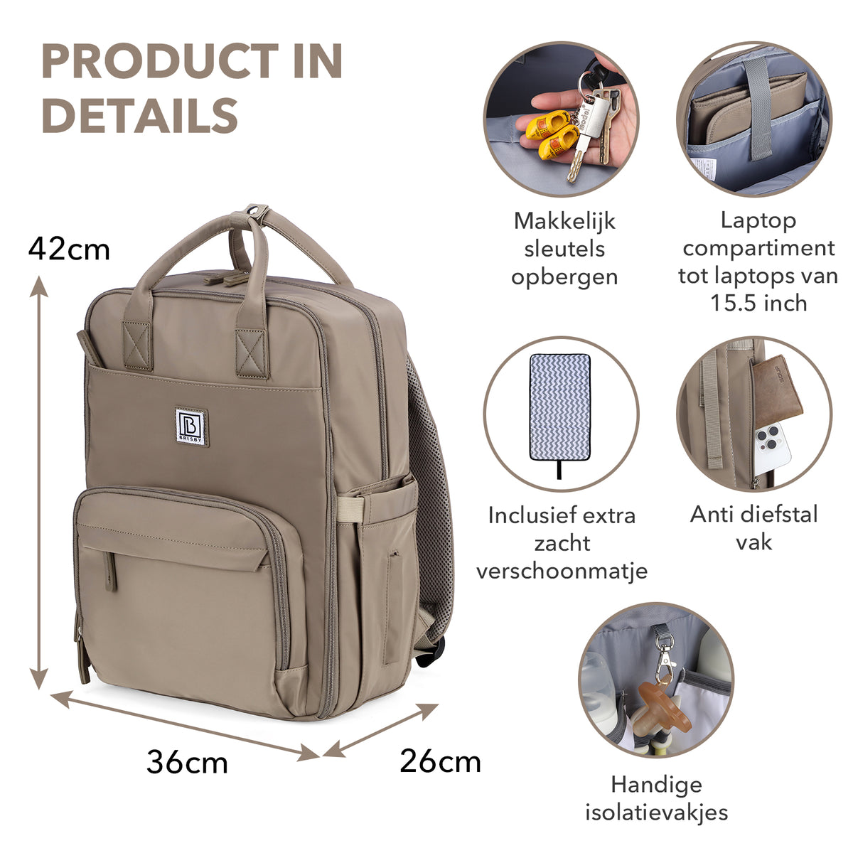 Brisby slijtvaste Luiertas – verzorgingstas – met buggymontage - Stone Greige