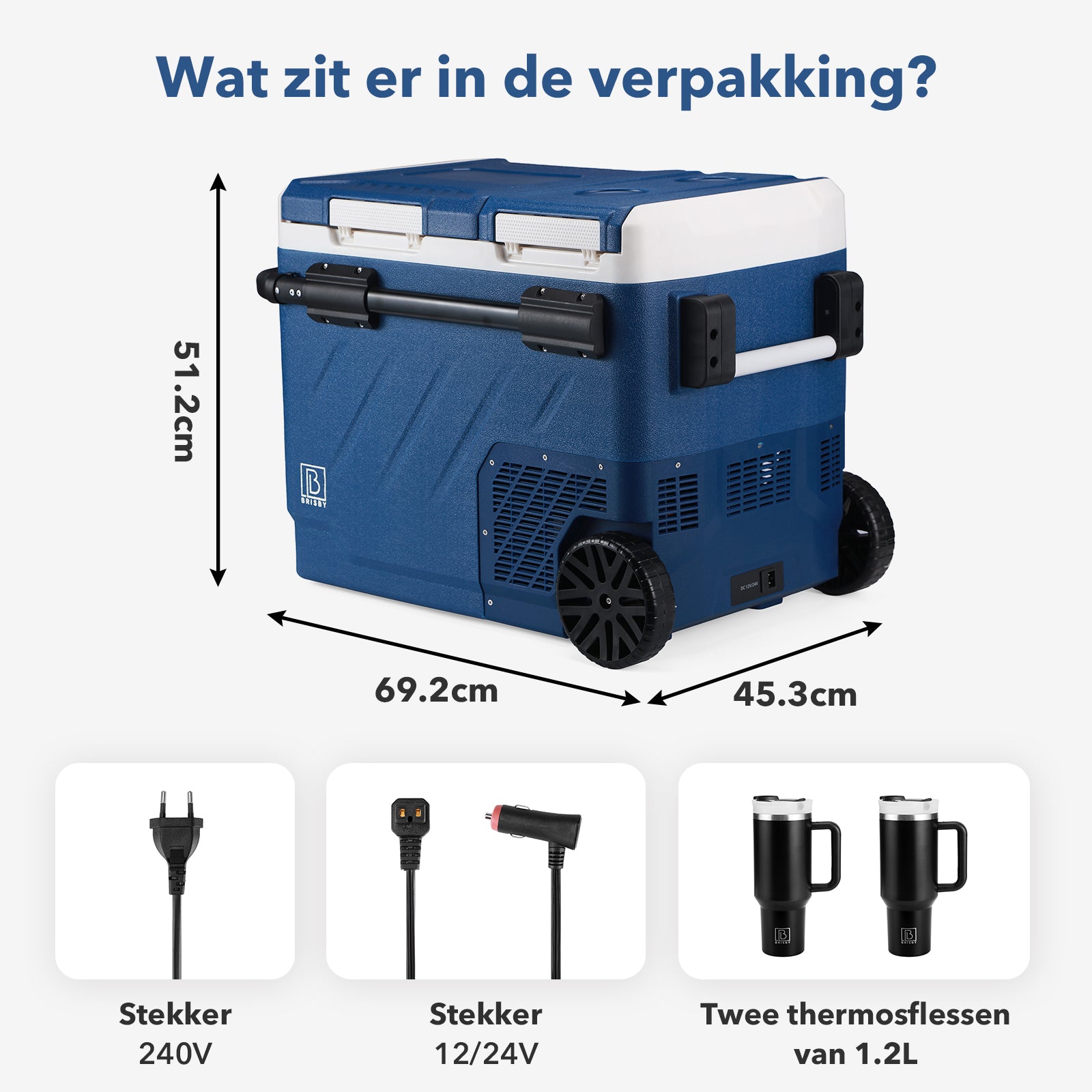 Compressor koelbox 49,1L en 8L koelbox blauw SET - Dual zone - koelen en vriezen - 12V en 230V - verrijdbaar - incl. 2x 1,2L thermosbekers