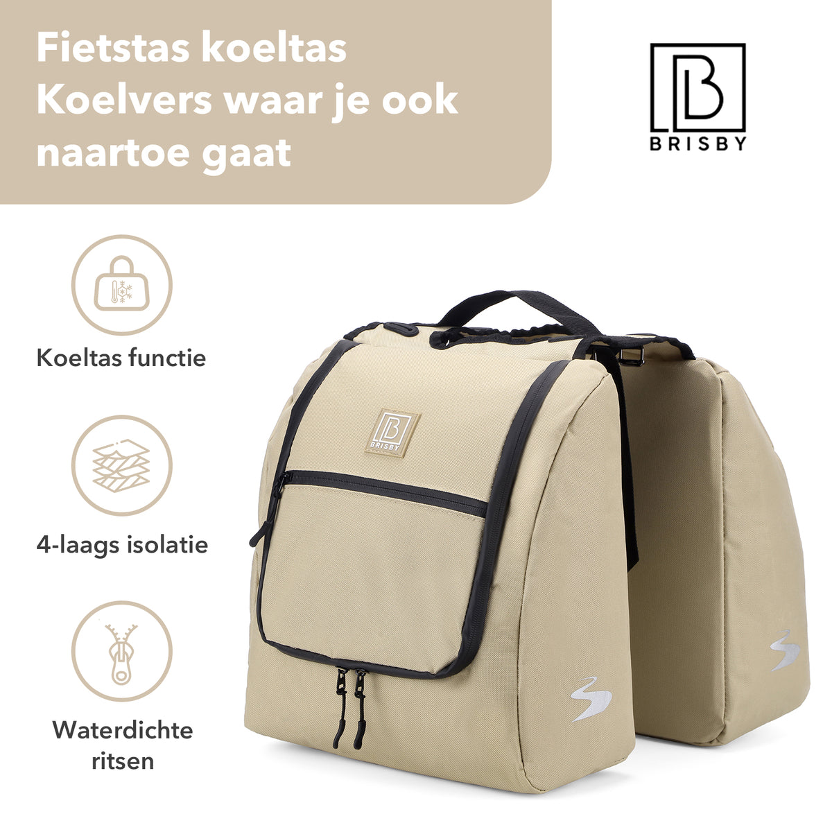 Brisby Dubbele Fietstas 28 Liter – Koeltas en Lunchtas – 4-laags Geïsoleerd – Voor Gewone en Elektrische Fiets – Waterafstotend met Waterdichte Ritsen – Natural Champagne