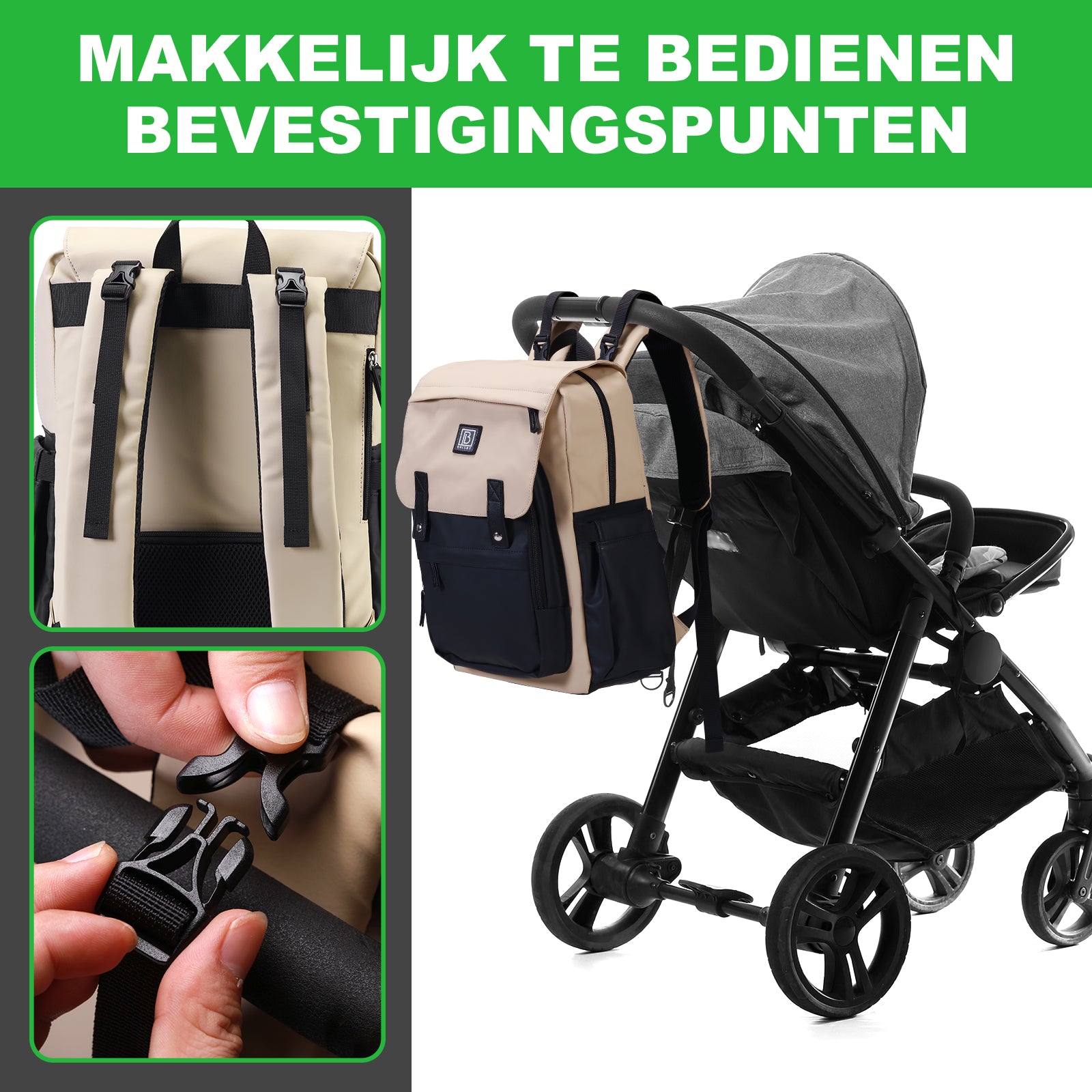 Two-tone slijtvaste luiertas crème en zwart - Verzorgingstas - incl. buggymontage en verschoningsmat