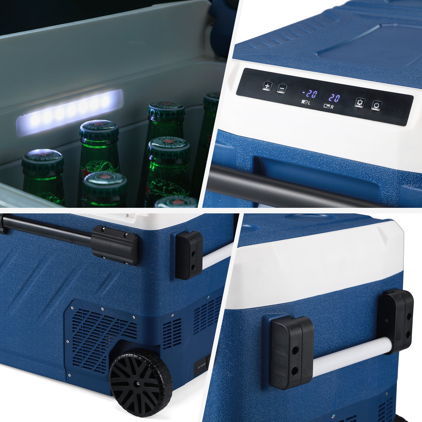 Compressor koelbox 58,1L en 8L koelbox blauw SET - Dual zone - koelen en vriezen - 12V en 230V - verrijdbaar - incl. 2x 1,2L thermosbekers