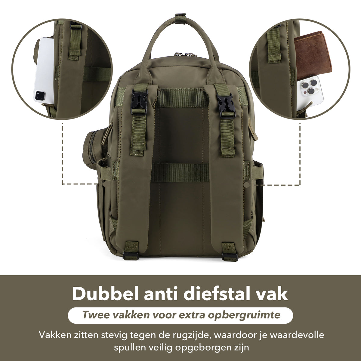 Brisby Premium Luiertas – Uitgebreide en Functionele Verzorgingstas – met buggymontage – Anti Diefstal Vakken - Reistrolley Sleeve - Inclusief verschoonmatje t.w.v.15,99 euro en speenhouder - Levenslange Garantie - Olive Green