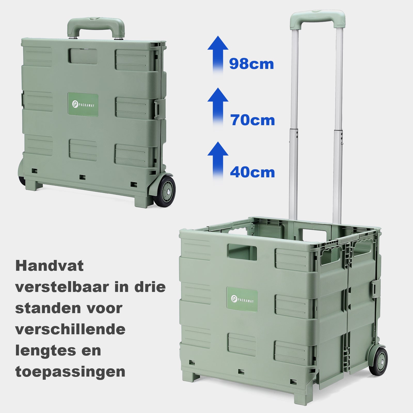 Packaway XL Foldable Shopping Trolley with wheels - Shopping crate - Storage box - Shopping trolley - Folding crate - 50 Liters - Green