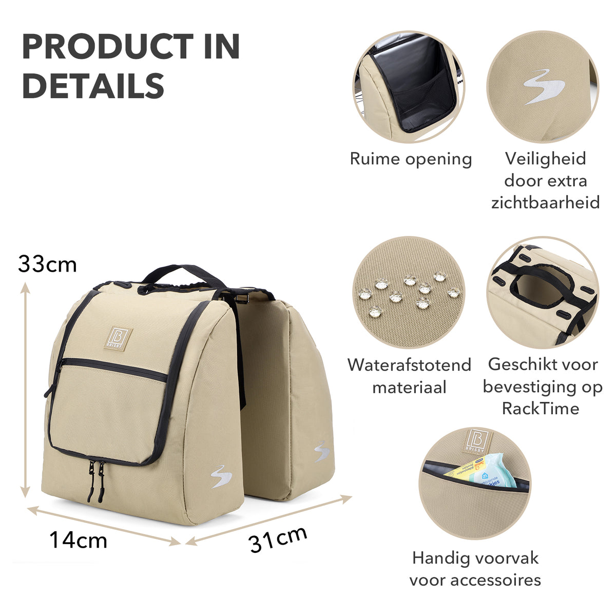 Brisby Dubbele Fietstas 28 Liter – Koeltas en Lunchtas – 4-laags Geïsoleerd – Voor Gewone en Elektrische Fiets – Waterafstotend met Waterdichte Ritsen – Natural Champagne