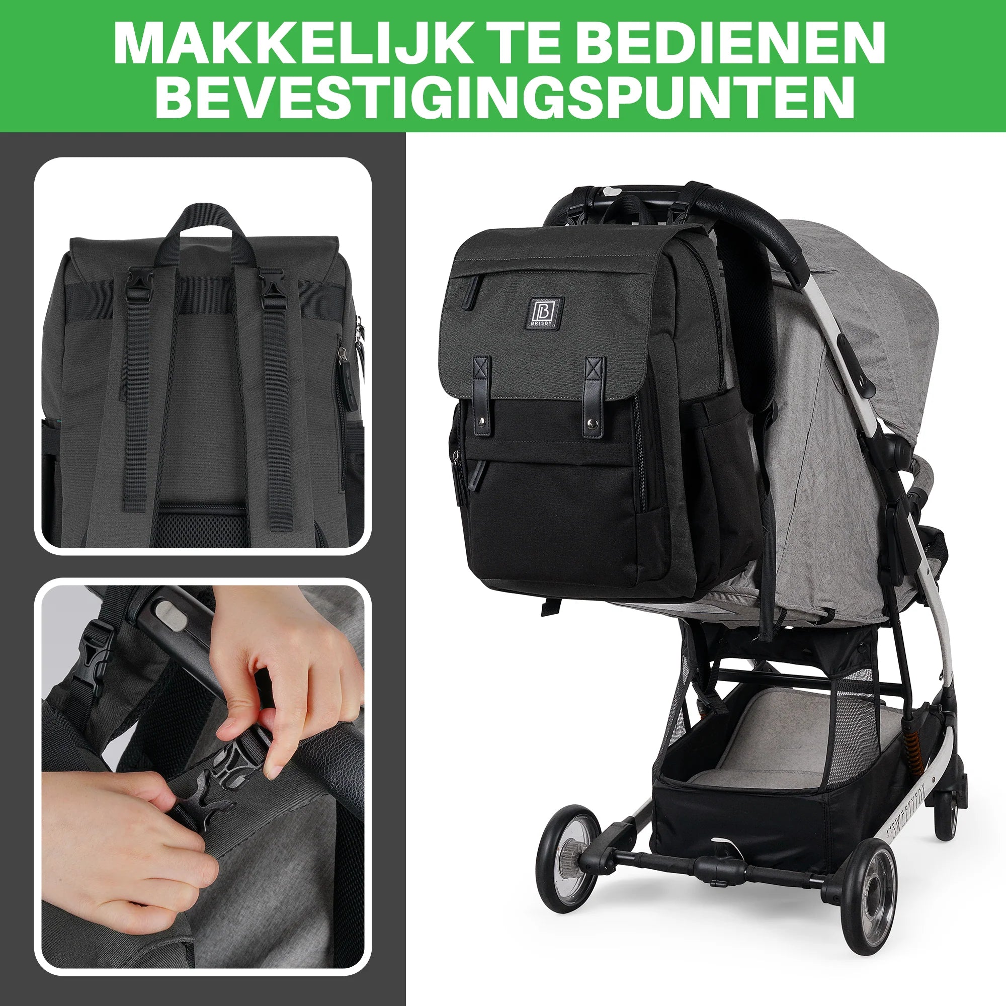 Two-tone slijtvaste luiertas grijs en zwart - verzorgingstas - incl. buggymontage en verschoningsmat