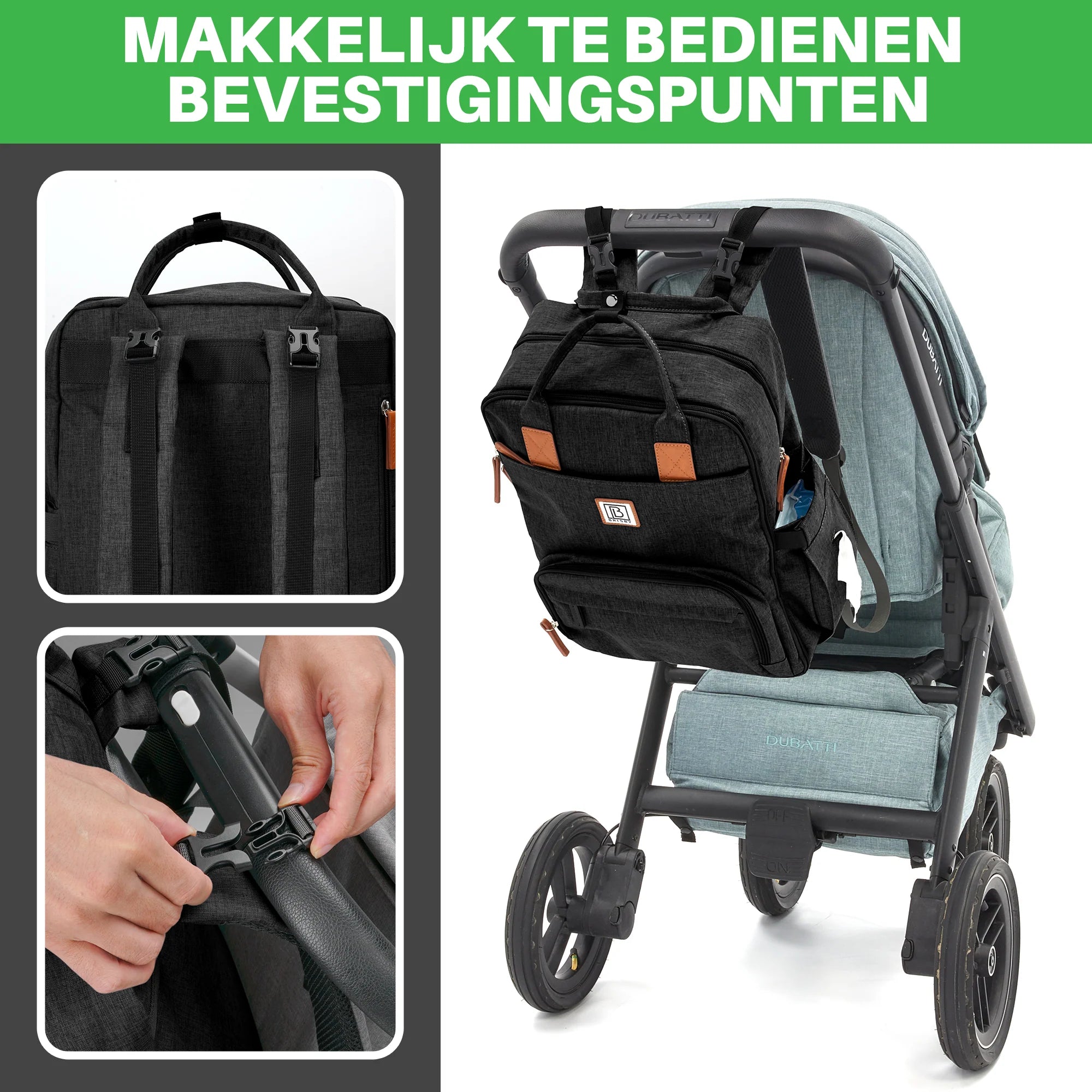 Original slijtvaste luiertas zwart - verzorgingstas - incl. buggymontage en verschoningsmat