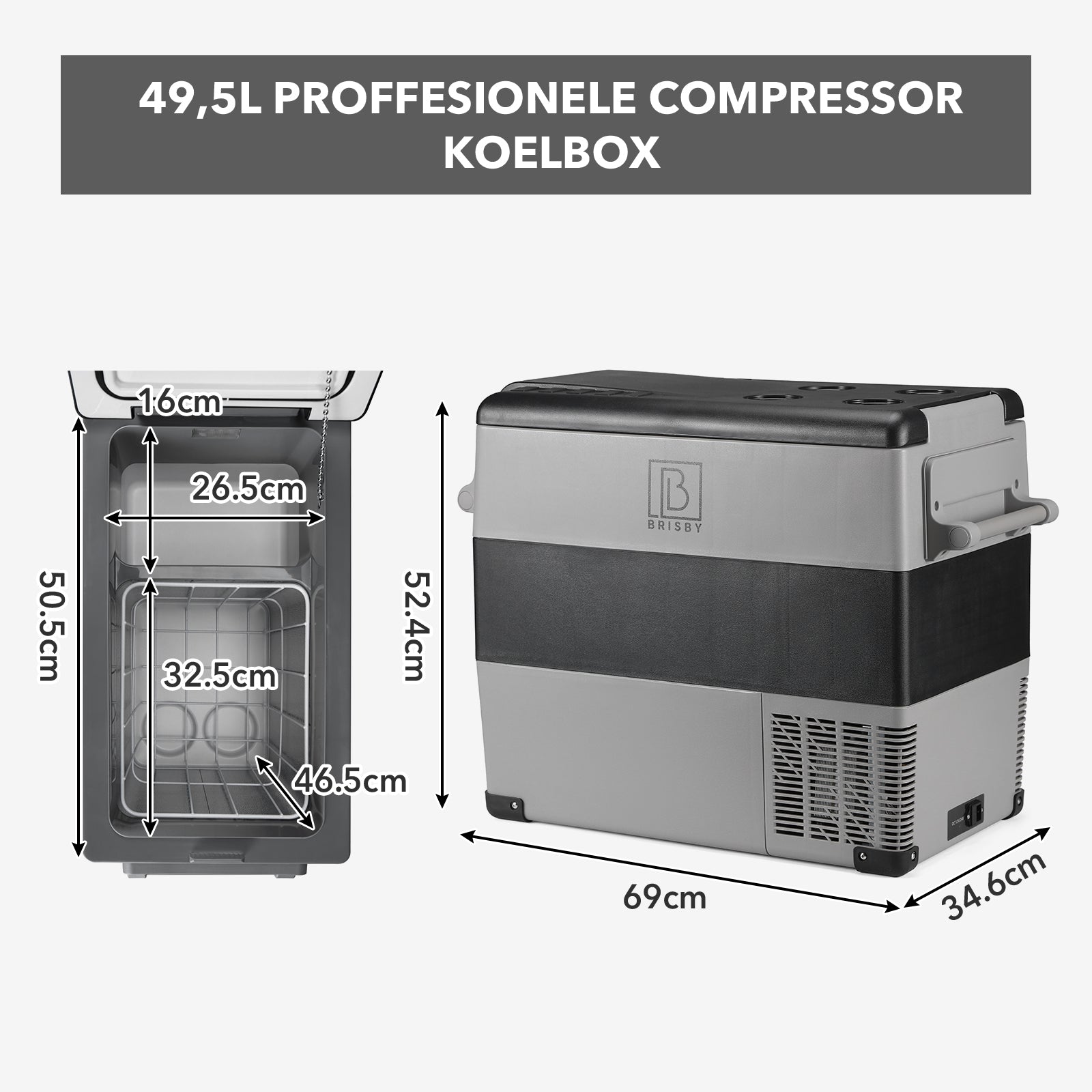 Compressor koelbox 49,5L - Dual zone - koelen en vriezen - 12V en 230V - incl. 2x 1,2L thermosbekers