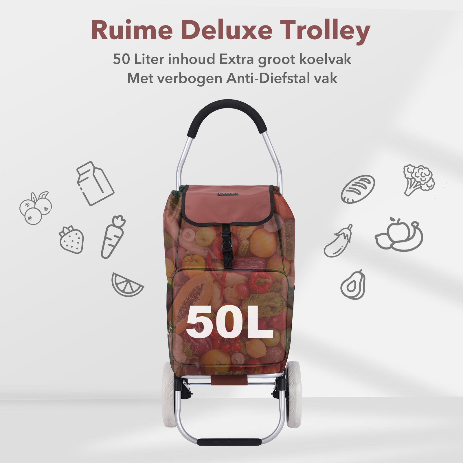 Boodschappentrolley Deluxe 50L met koelvak rood - boodschappenwagen - steekwagenfunctie