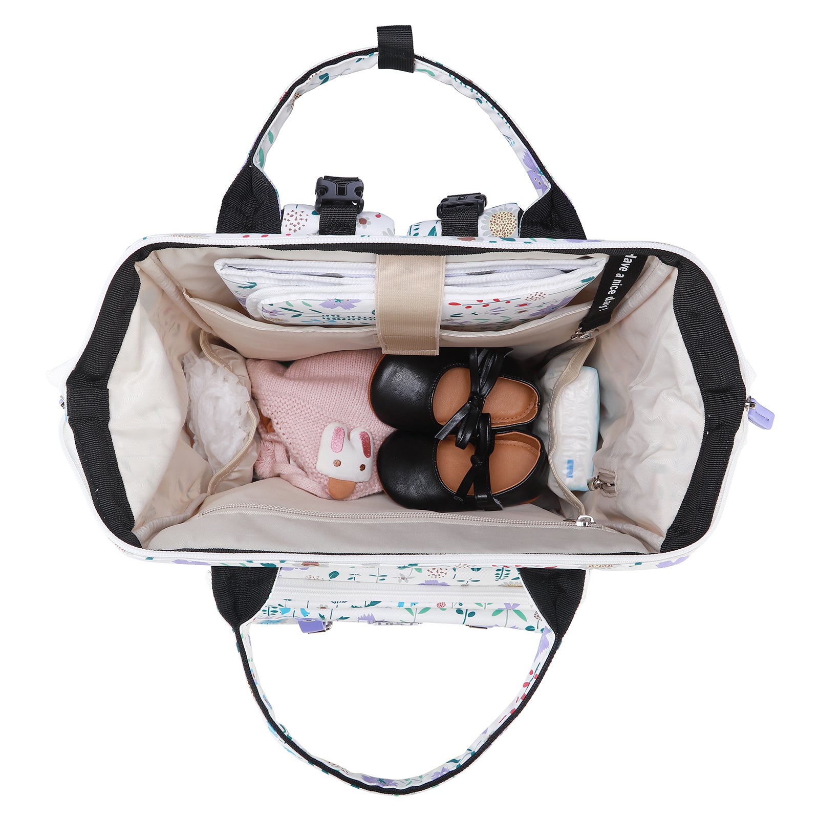 Stayopen luiertas purple flower - Verzorgingstas - stay-open frame - USB oplaadfunctie - incl. buggymontage en verschoonmat