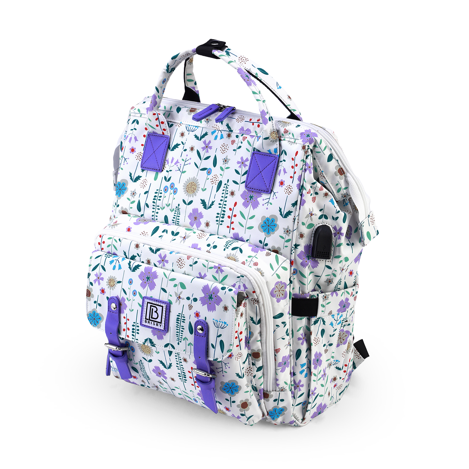 Stayopen luiertas purple flower - Verzorgingstas - stay-open frame - USB oplaadfunctie - incl. buggymontage en verschoonmat