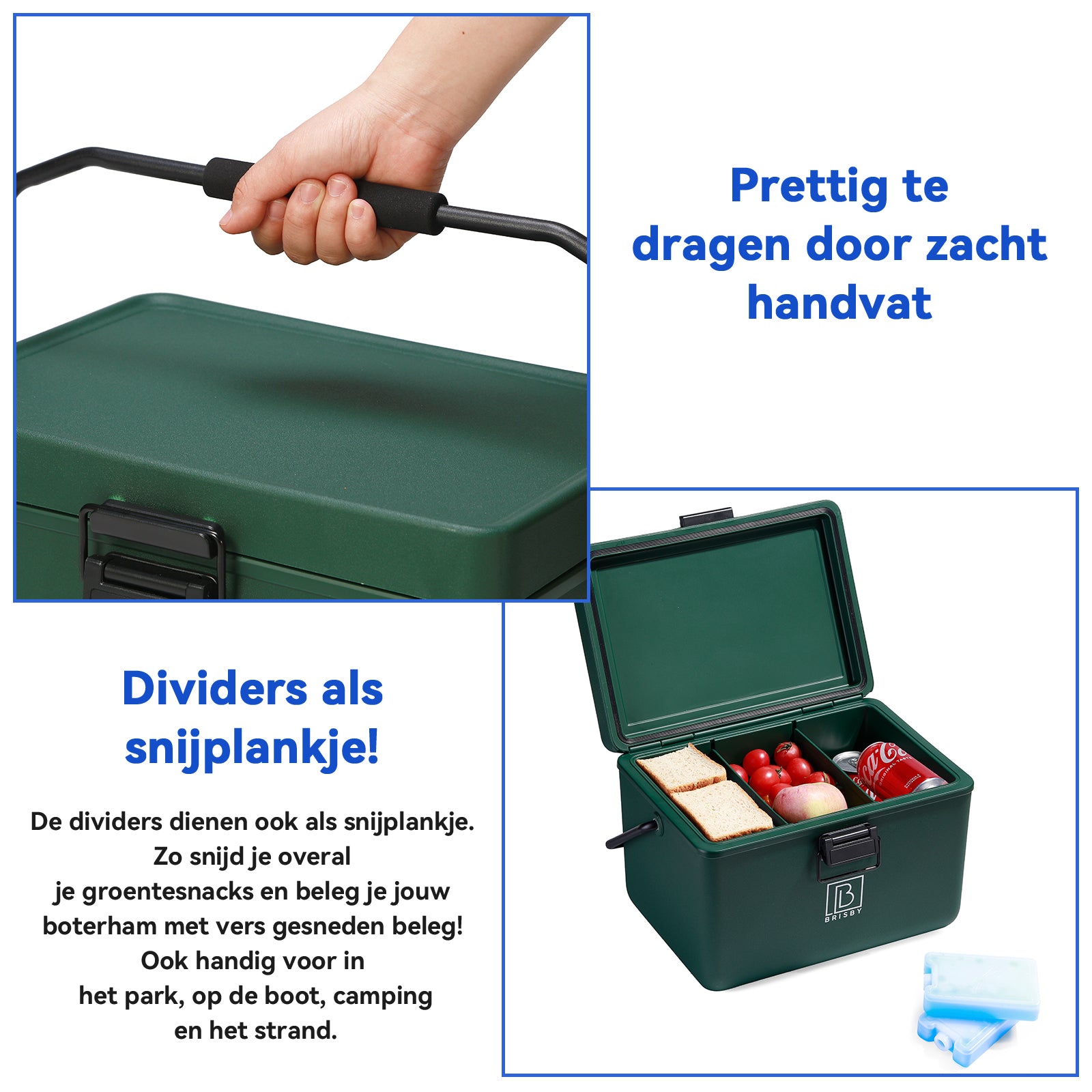 Koelbox 12L met handvat groen - Dividers - snijplanken - tot maximaal 40 uur isolatie - incl. 2 koelelementen van 200ml