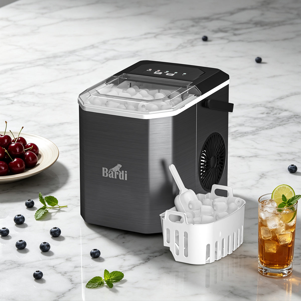 Bardi 1.3L Deluxe IJsblokjesmachine Square – IJsblokmaker Inclusief Luxe Thermosbeker en IJsschep – 9 Blokjes in 8 Minuten – Gunmetal