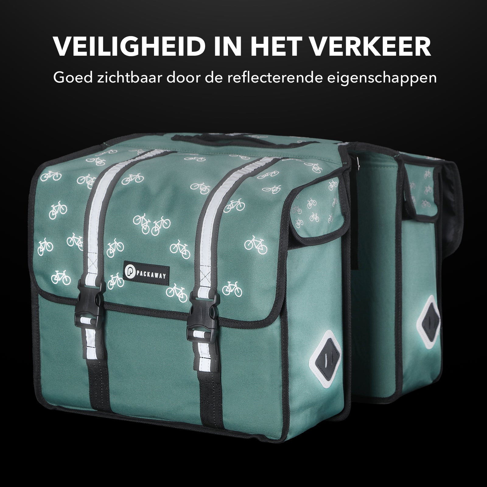 Packaway Dubbele Fietstassen 36L patroon zwart groen - waterdicht - reflectie