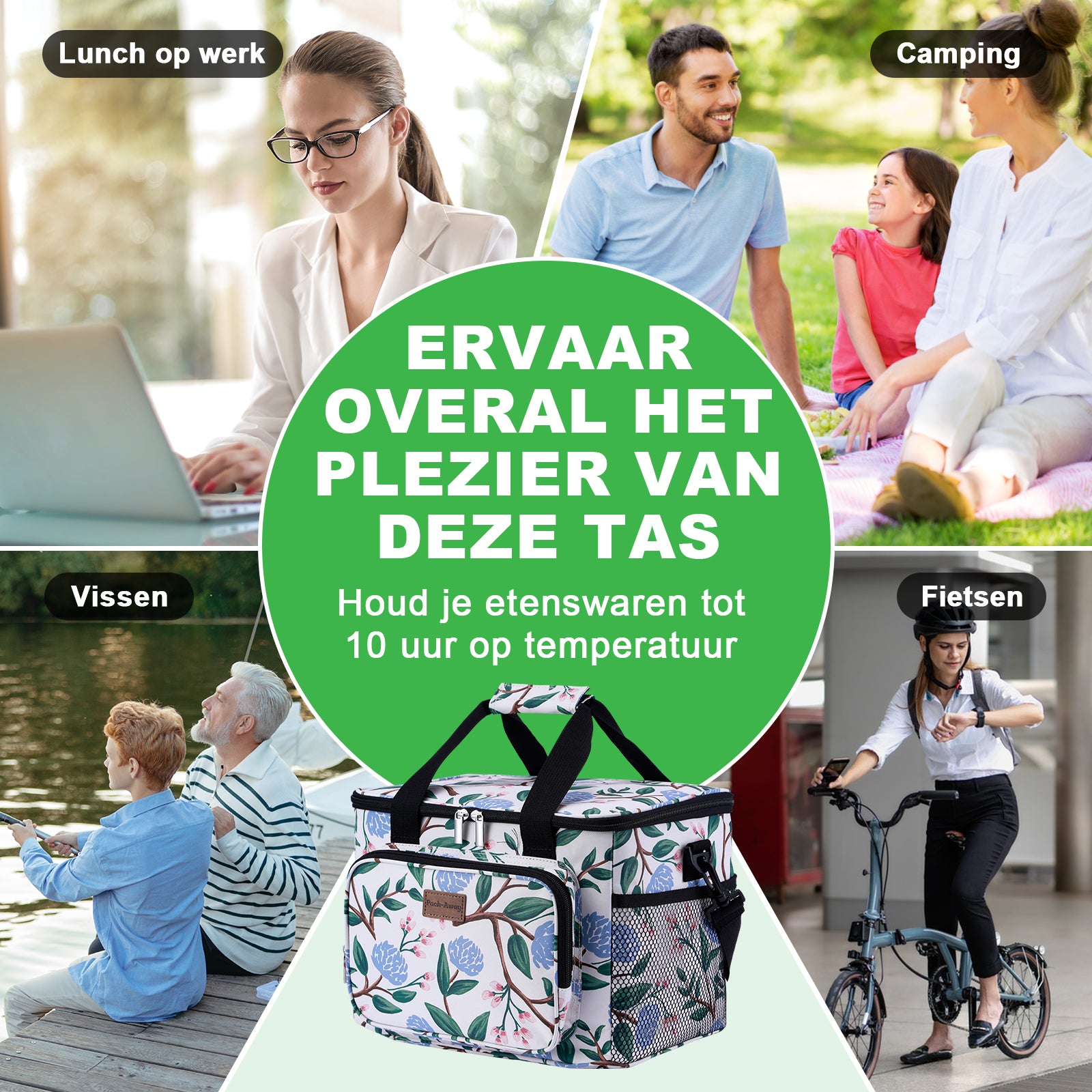 Cooler bag 15L cool bag white flower - lunch bag - 4-layer insulated - foldable - incl. 2 free cooling elements and carrying strap