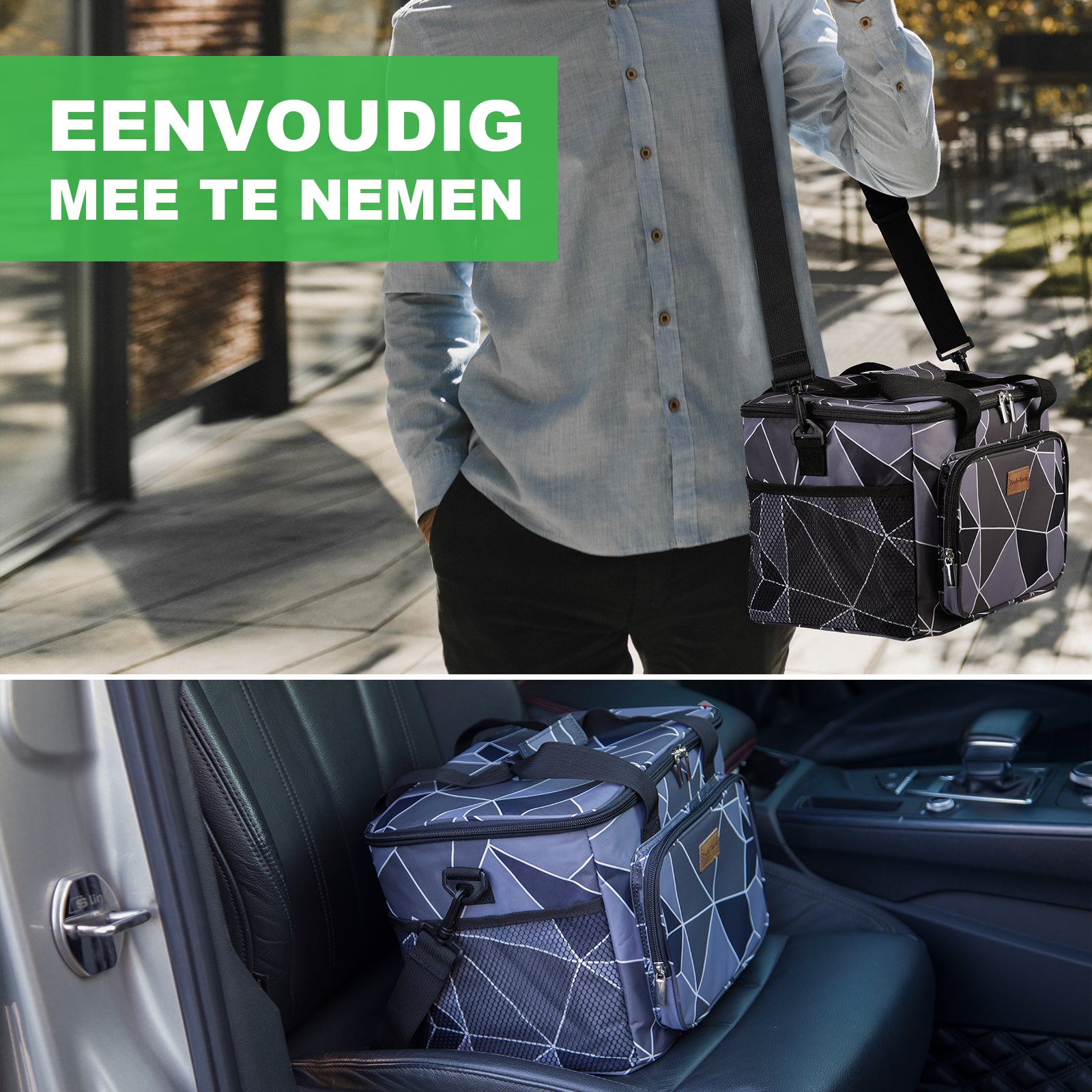 Cooler bag 15L abstract grey and black - lunch bag - 4-layer insulated - foldable - incl. 2 free cooling elements and carrying strap