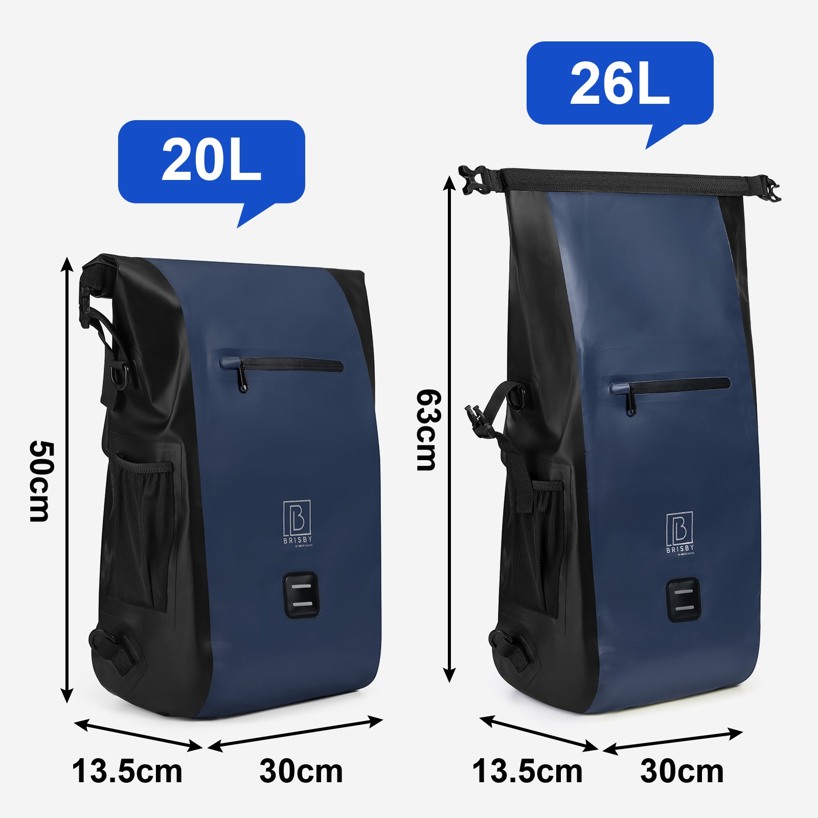 3 in 1 waterproof rolltop bicycle bag set 40-52L blue - reflective - high visibility - bicycle bag - backpack - shoulder bag