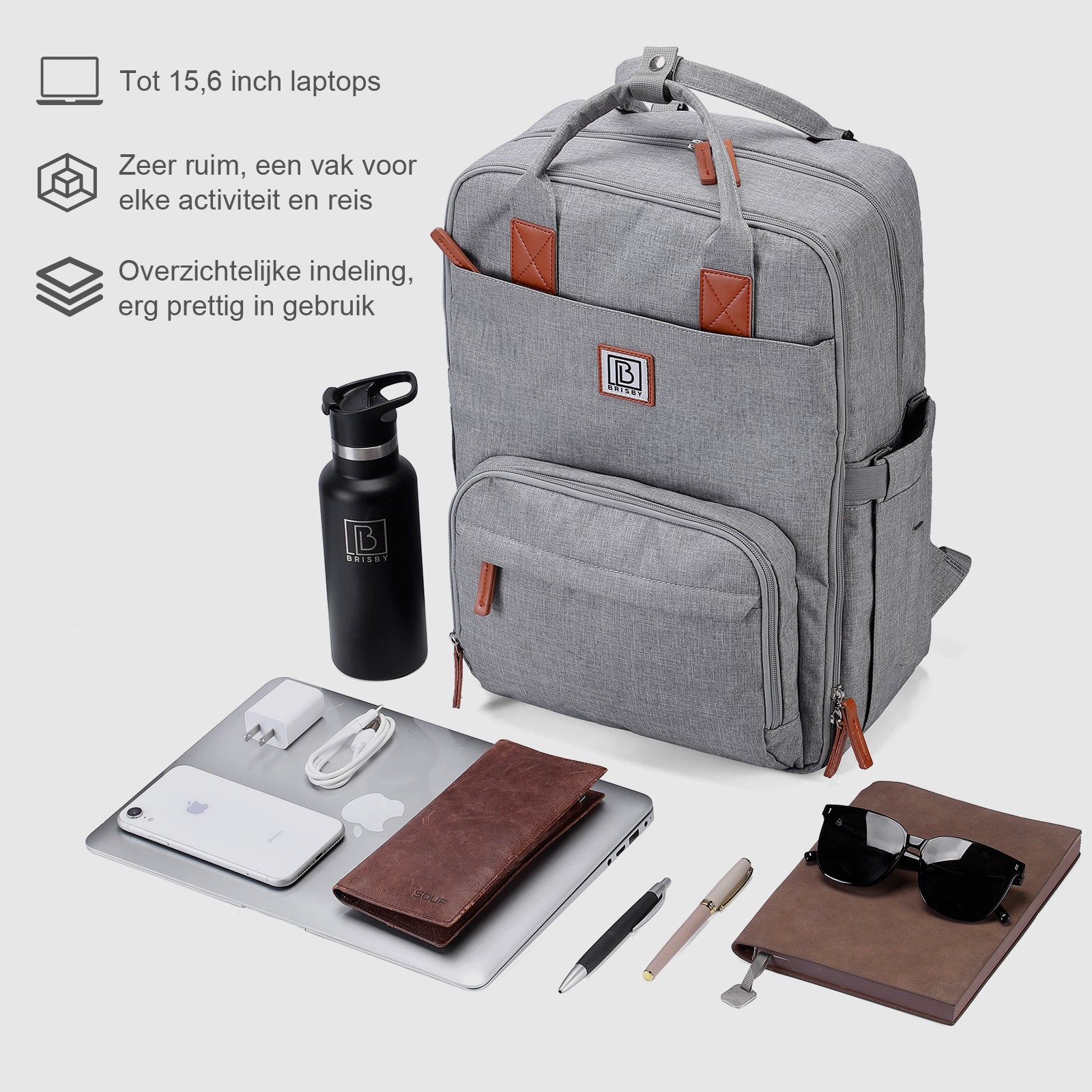 Brisby Rugtas unisex LTO lichtgrijs - waterafstotend - laptopvak - handbagage