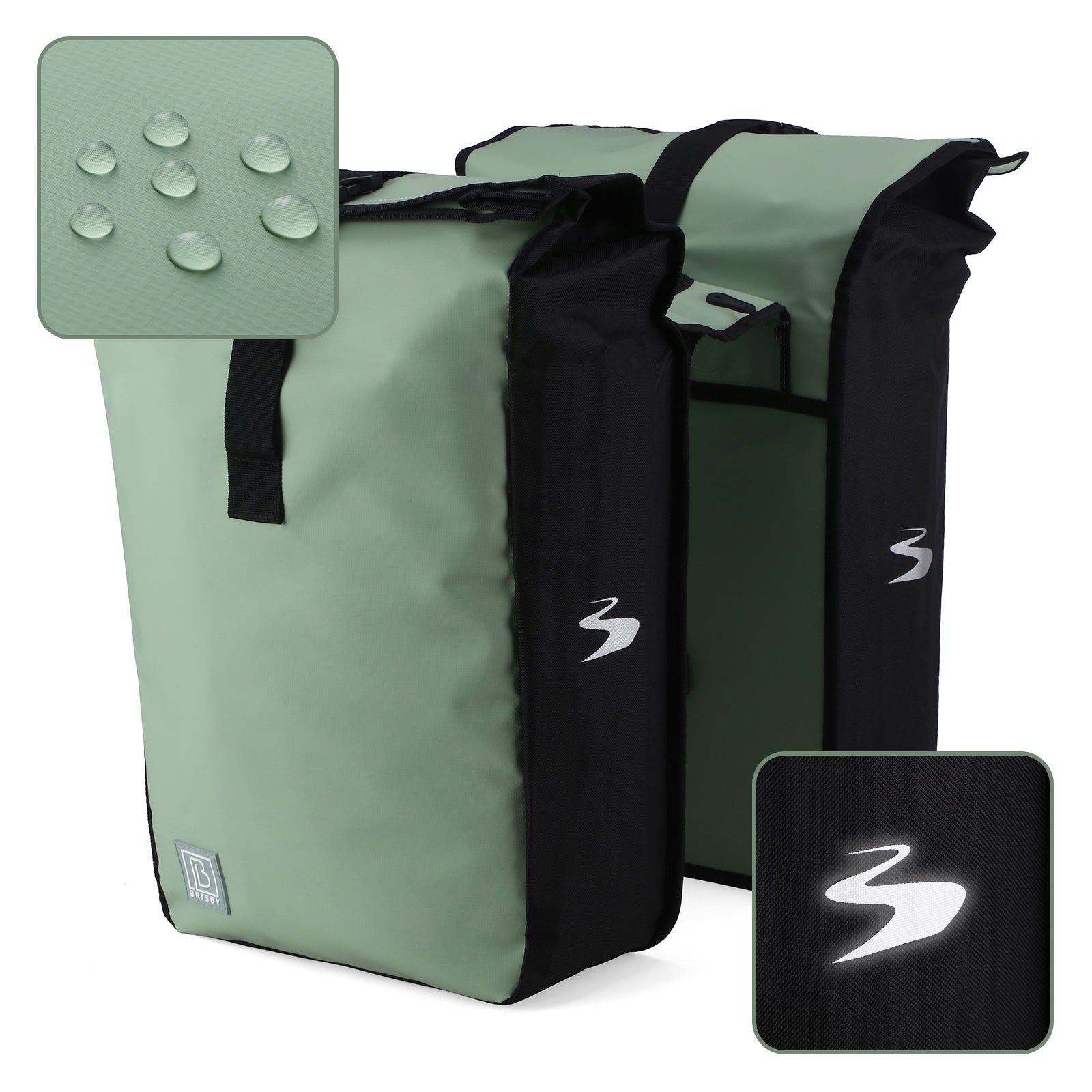 Brisby Dubbele Fietstas Rolltop Zwart 39-48L Waterdicht Geschikt voor Elektrische Fietsen & E-Bike - Groen