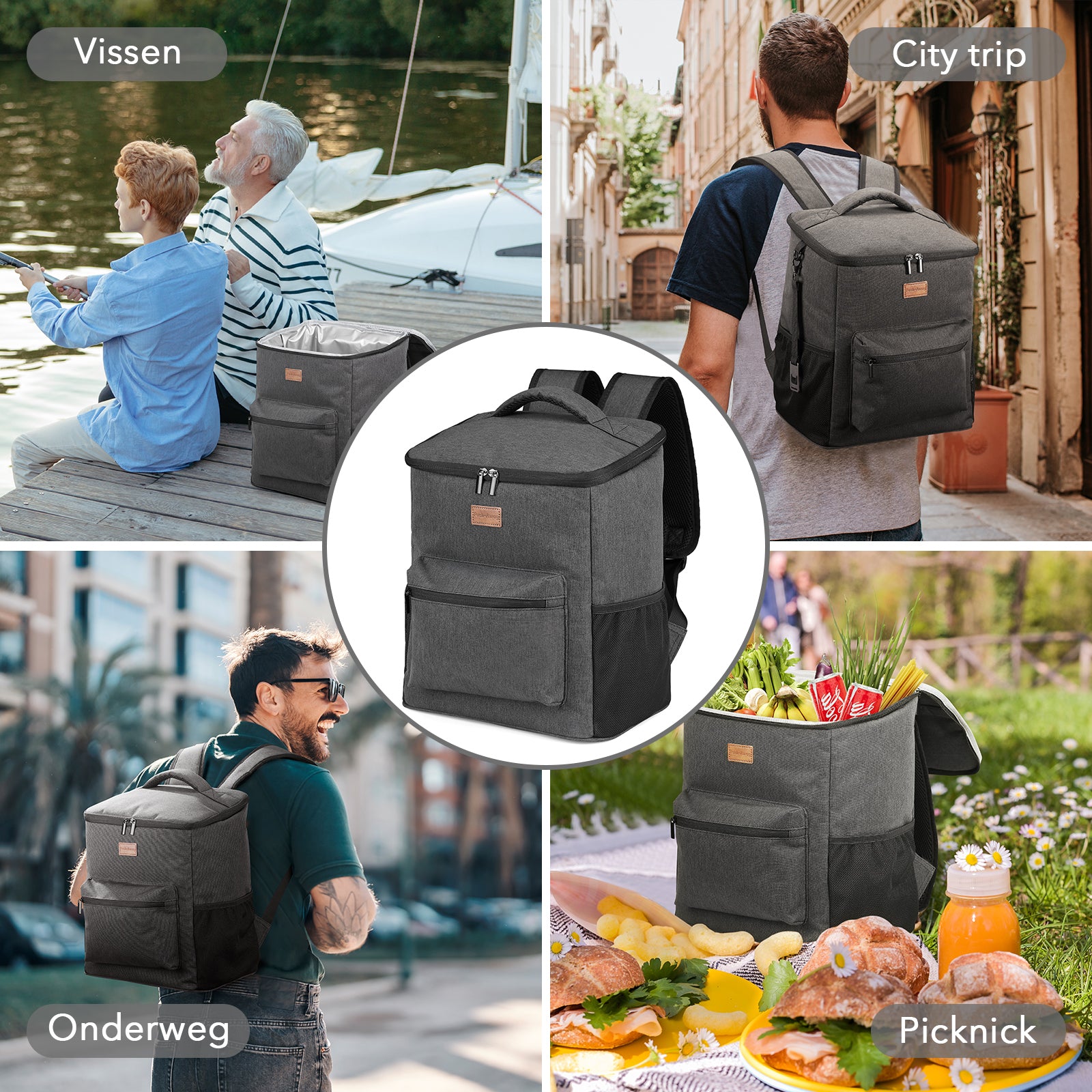 Koeltas rugzak 25L grijs - Waterafstotend - anti diefstal vak - 4 laags geïsoleerd - Incl. 2 gratis koelelementen en gratis flessenopener