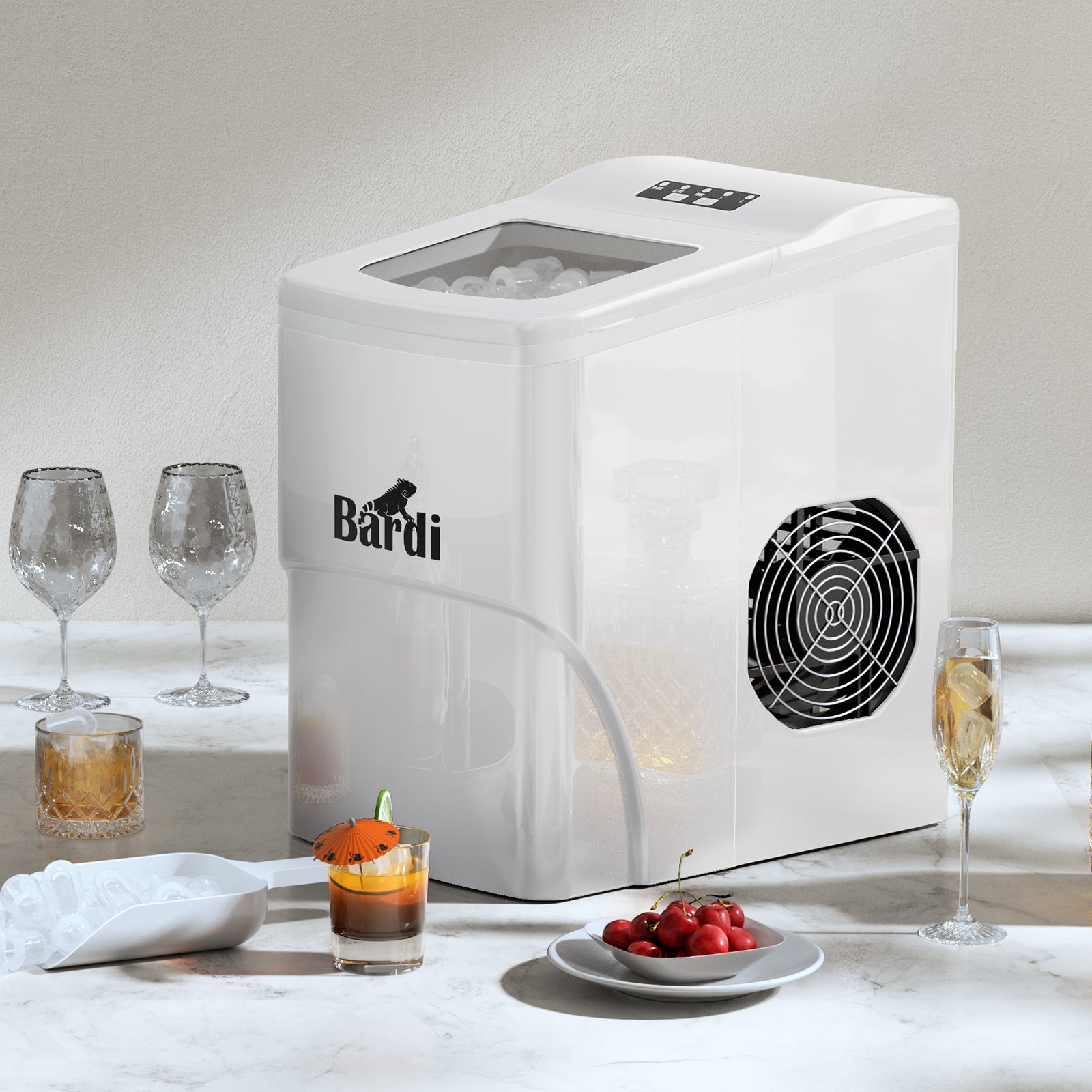 Bardi IJsblokjesmachine - 2 Liter - 12KG IJsblokjes in 24 uur - met IJsschep - Inclusief Luxe Thermosbeker en Ijsschep - Wit