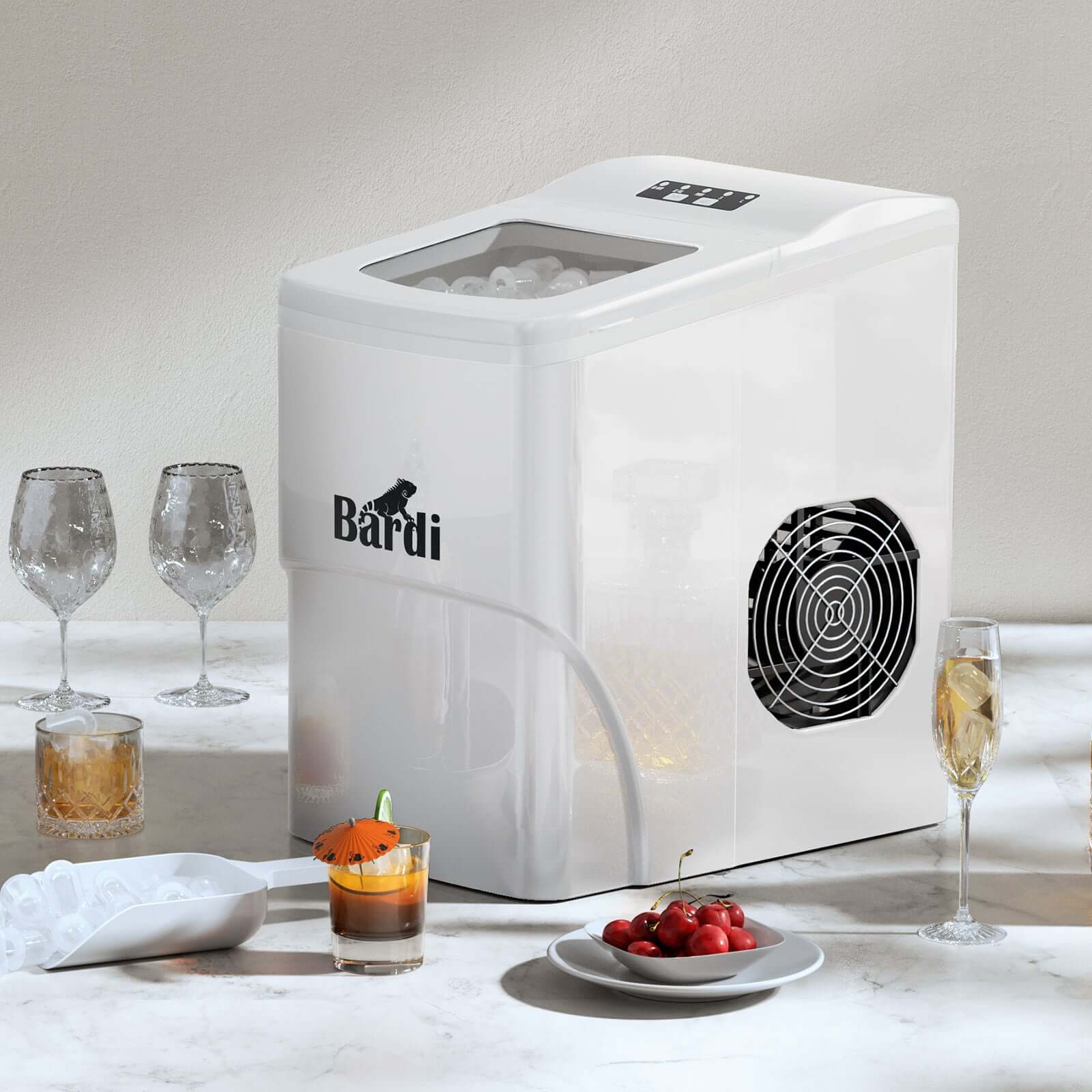 Bardi IJsblokjesmachine - 2 Liter - 12KG IJsblokjes in 24 uur - met IJsschep - Inclusief Luxe Thermosbeker en Ijsschep - Wit Brisby Rugzak voor Dames & Heren – Comfortabele, Waterafstot