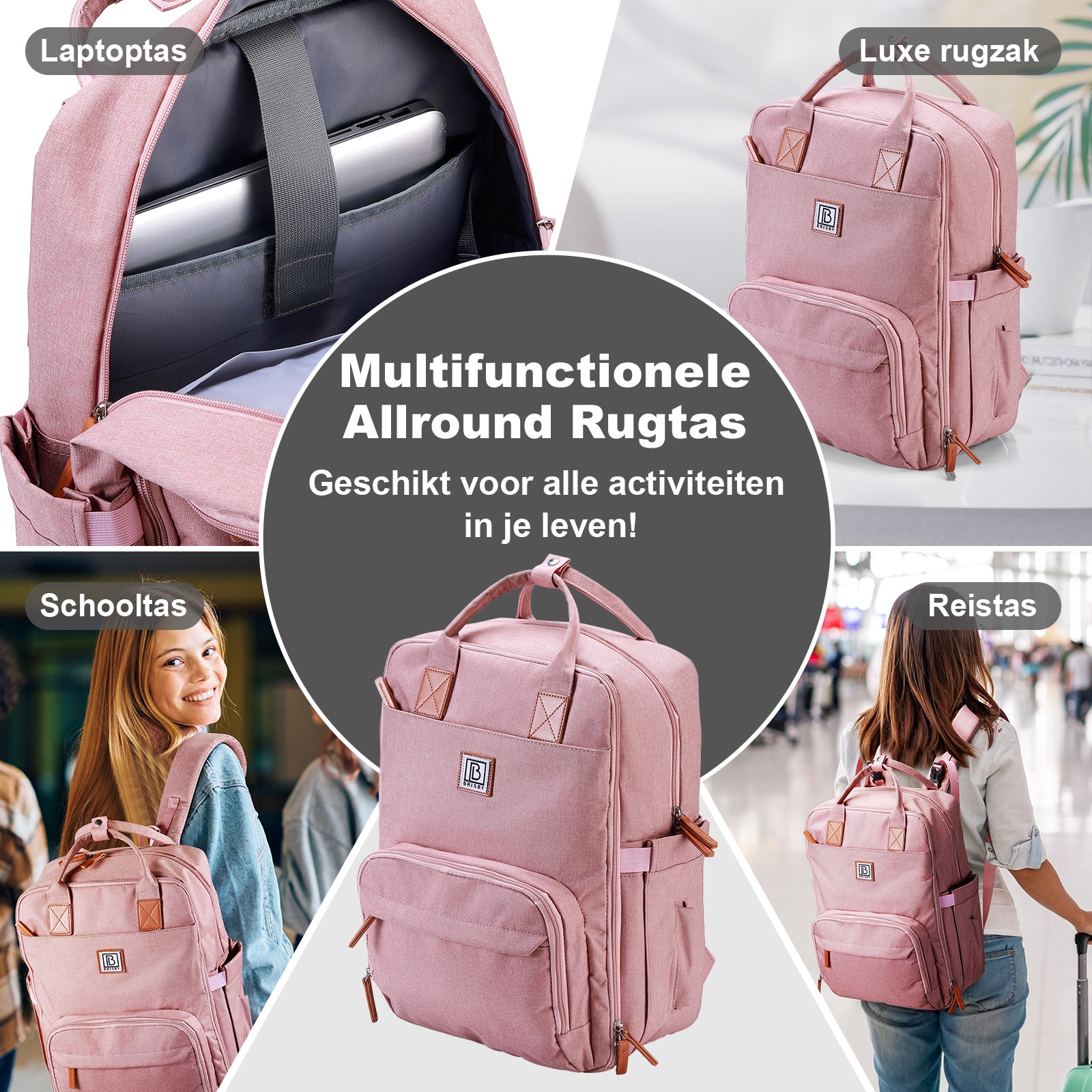 Brisby Rugzak voor Dames & Heren – Comfortabele, Waterafstotende Rugtas met Laptopvak, perfect als Schooltas, Werktas & voor op Reis. Geschikt als handbagage. Levenslange Garantie! - Roze
