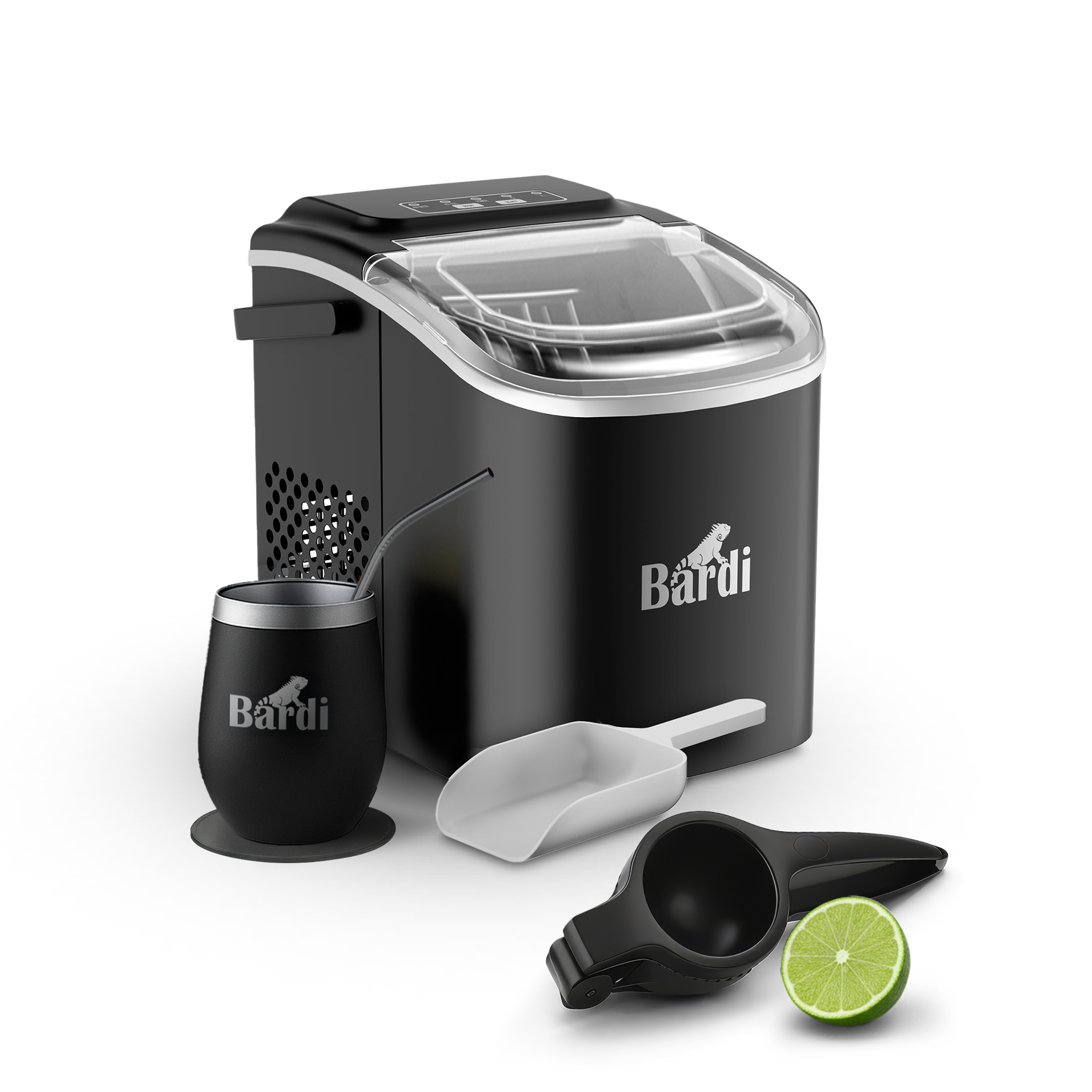 Bardi Deluxe IJsblokjesmachine Set 1,2 Liter - 12KG IJsblokjes in 24 uur - met IJsschep - Inclusief 1 Luxe Thermosbeker en Ijsschep - Zwart - Citruspers Zwart