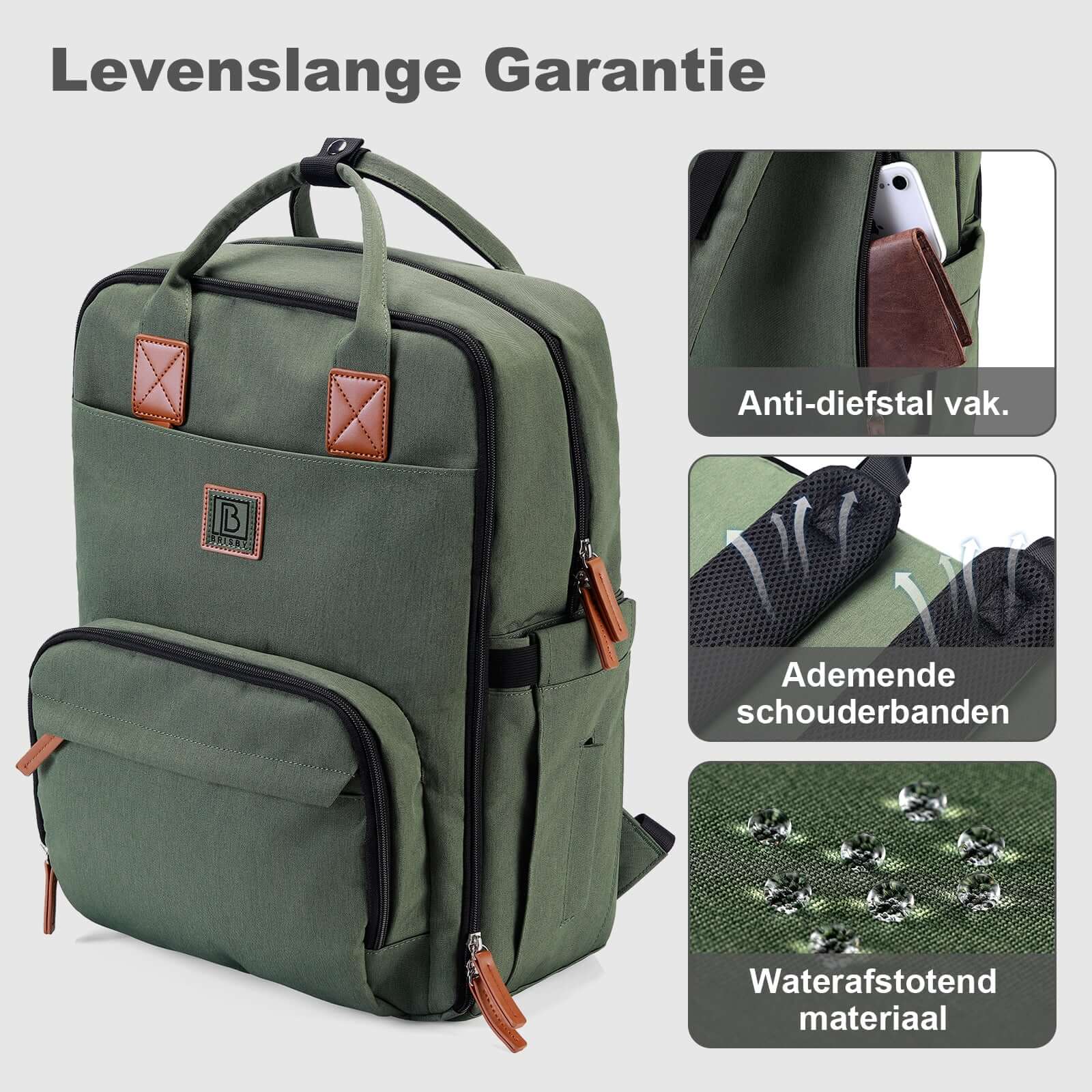 Brisby Rugzak voor Dames & Heren – Comfortabele, Waterafstotende Rugtas met Laptopvak, perfect als Schooltas, Werktas & voor op Reis. Geschikt als handbagage. Levenslange Garantie! - Groen Brisby Rugzak voor Dames & Heren – Comfortabele, Waterafstot
