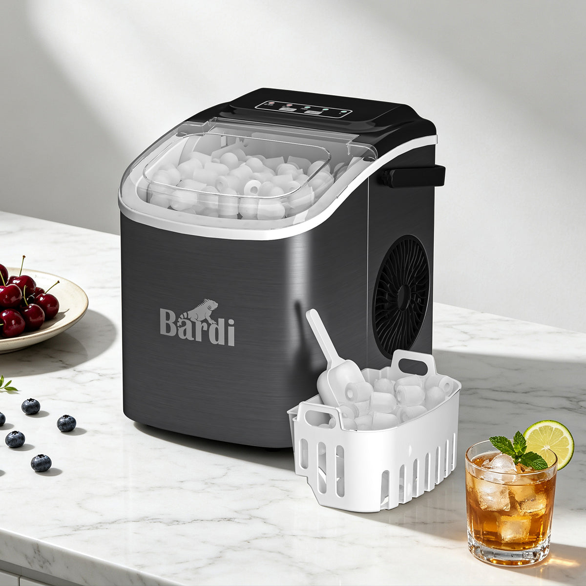 Bardi 1.2L Deluxe IJsblokjesmachine – IJsblokmaker Inclusief Luxe Thermosbeker en IJsschep – 9 Blokjes in 8 Minuten – Gunmetal Zwart