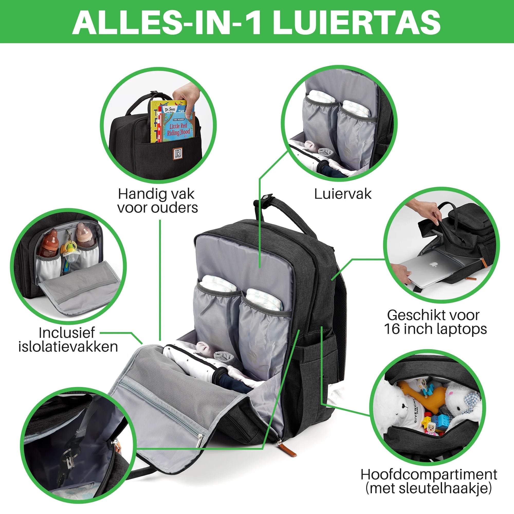Original slijtvaste luiertas zwart - verzorgingstas - incl. buggymontage en verschoningsmat