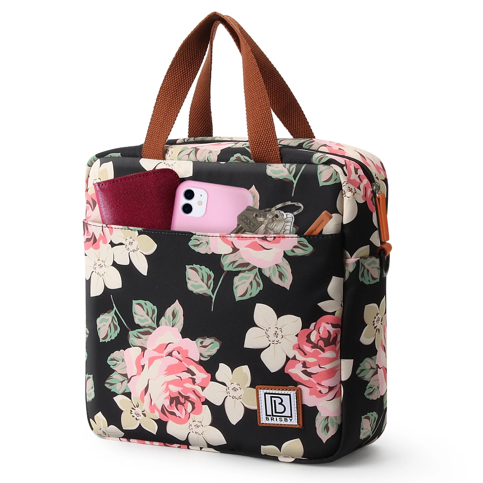 Cooler bag 7L black flowers - Lunch bag - 4-layer insulated - 2 free cooling elements - incl. shoulder strap