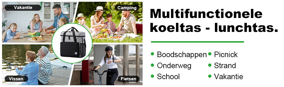 Koeltas 30L zwart grijs - Lunchtas - 4 laags geïsoleerd - incl. 4 koelelementen