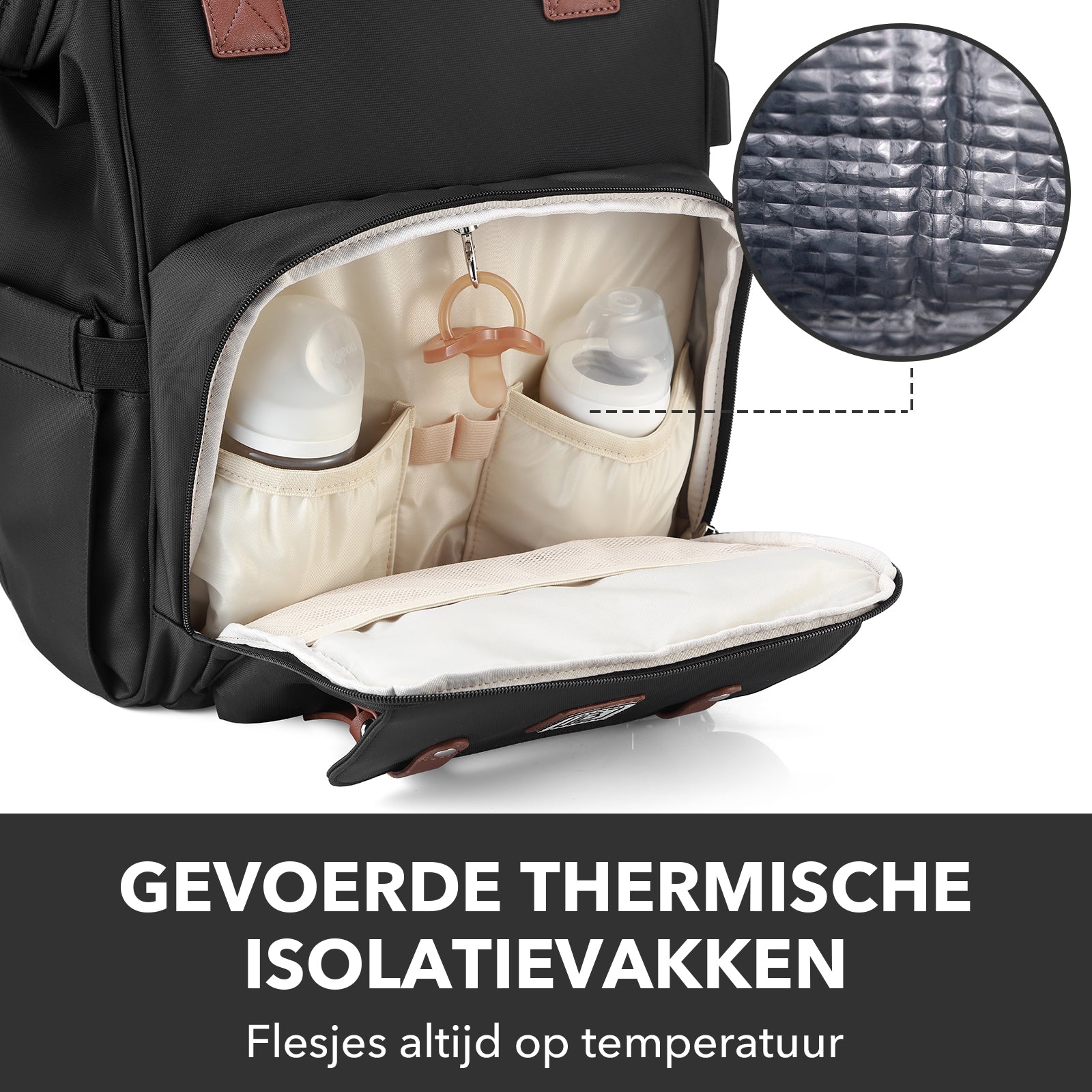 Stayopen luiertas zwart - Verzorgingstas - stay-open frame - USB oplaadfunctie - incl. buggymontage en verschoonmat