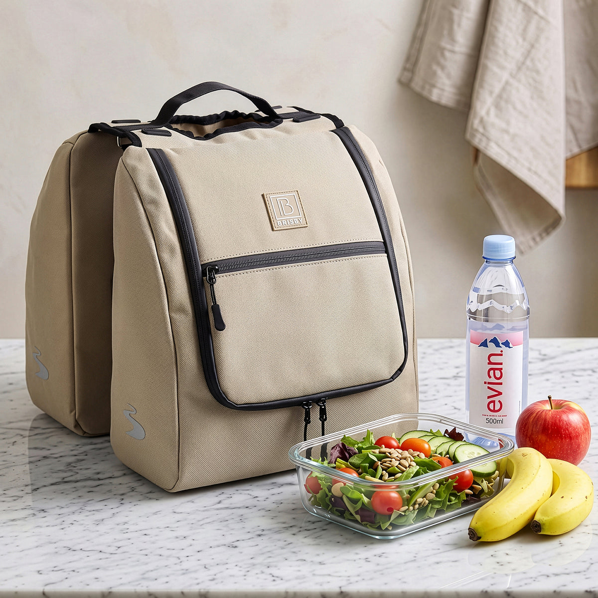 Brisby Dubbele Fietstas 28 Liter – Koeltas en Lunchtas – 4-laags Geïsoleerd – Voor Gewone en Elektrische Fiets – Waterafstotend met Waterdichte Ritsen – Natural Champagne