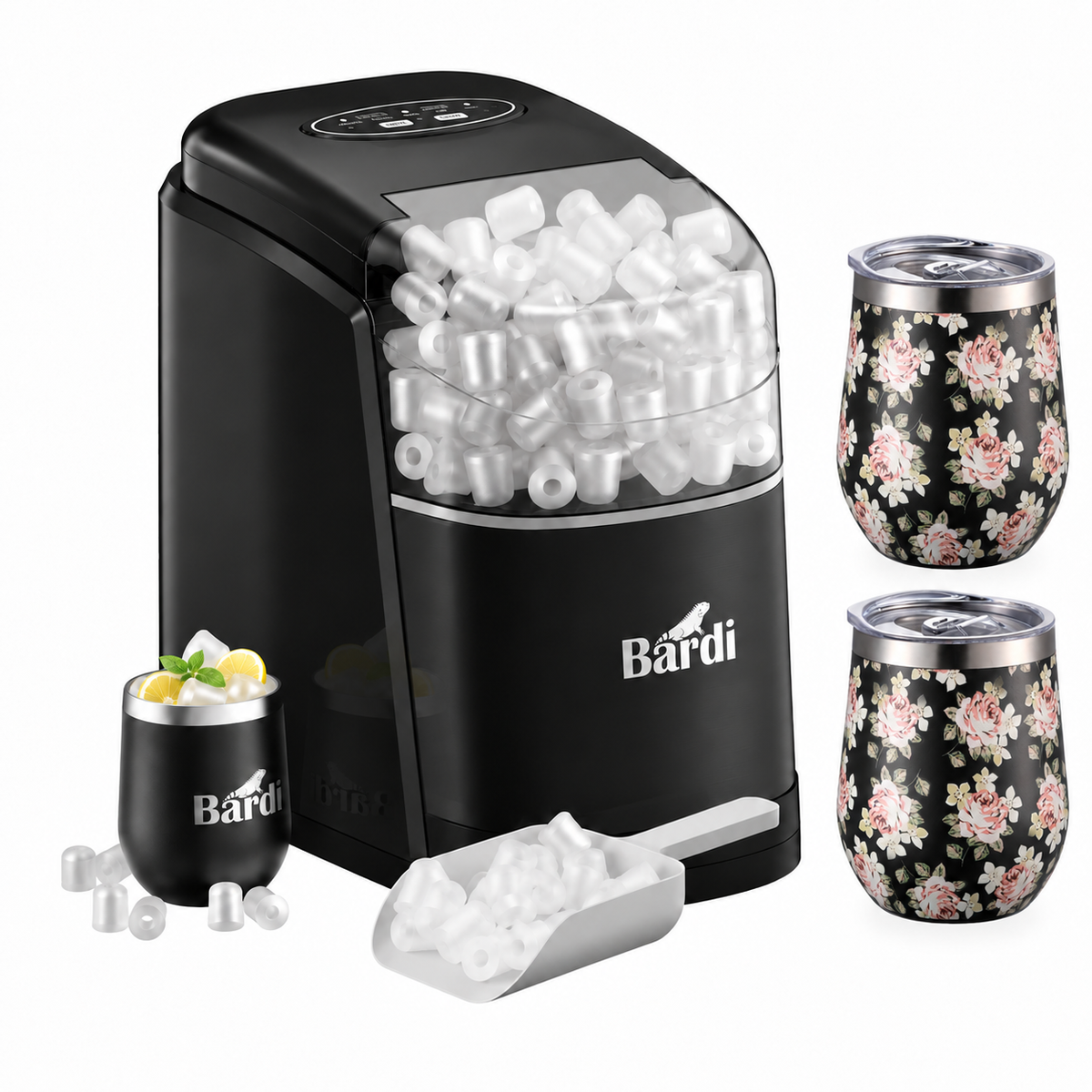 Bardi IJsblokjesmachine set 1,6L zwart - incl. 3 thermoscups bloemetjes en ijsschep