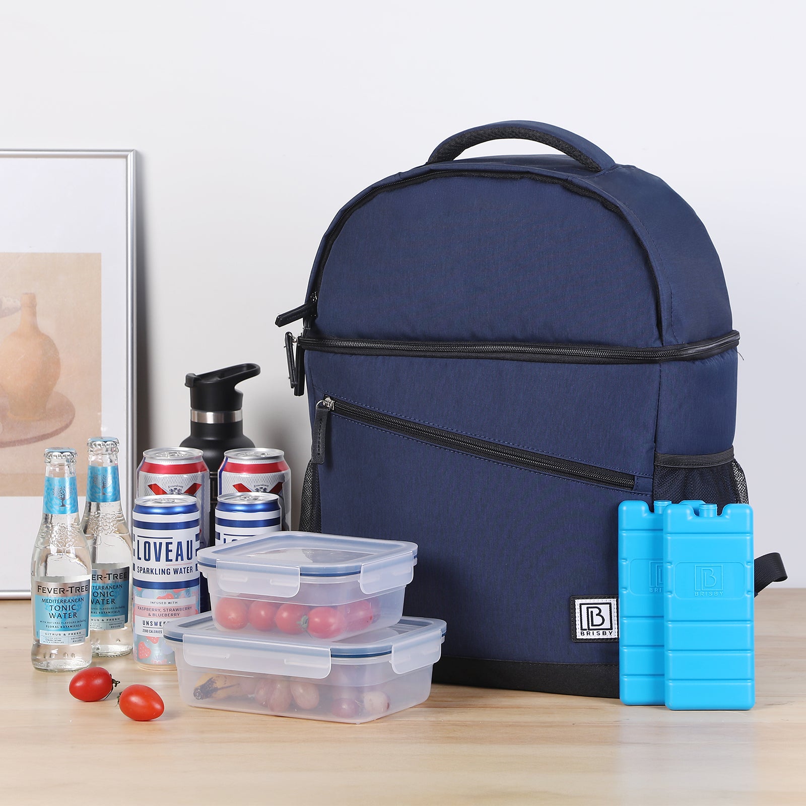 Brisby Koeltas 25L blauw - rugzak - 4-laags geïsoleerd - waterafstotend - incl. 2 gratis koelelementen en bieropener
