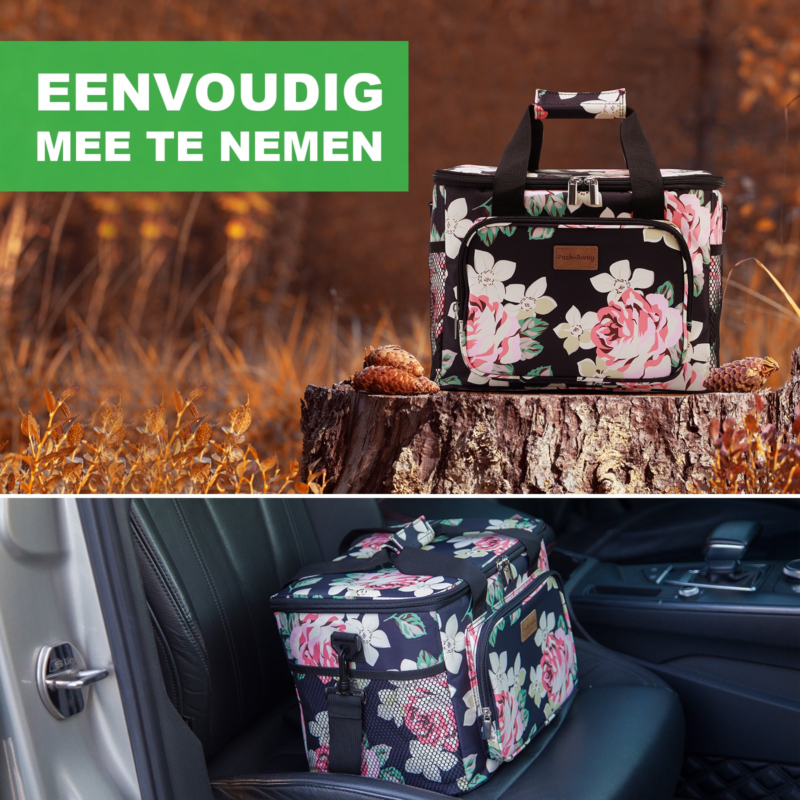 Cooler bag 15L abstract black flower - lunch bag - 4-layer insulated - foldable - incl. 2 free cooling elements and carrying strap