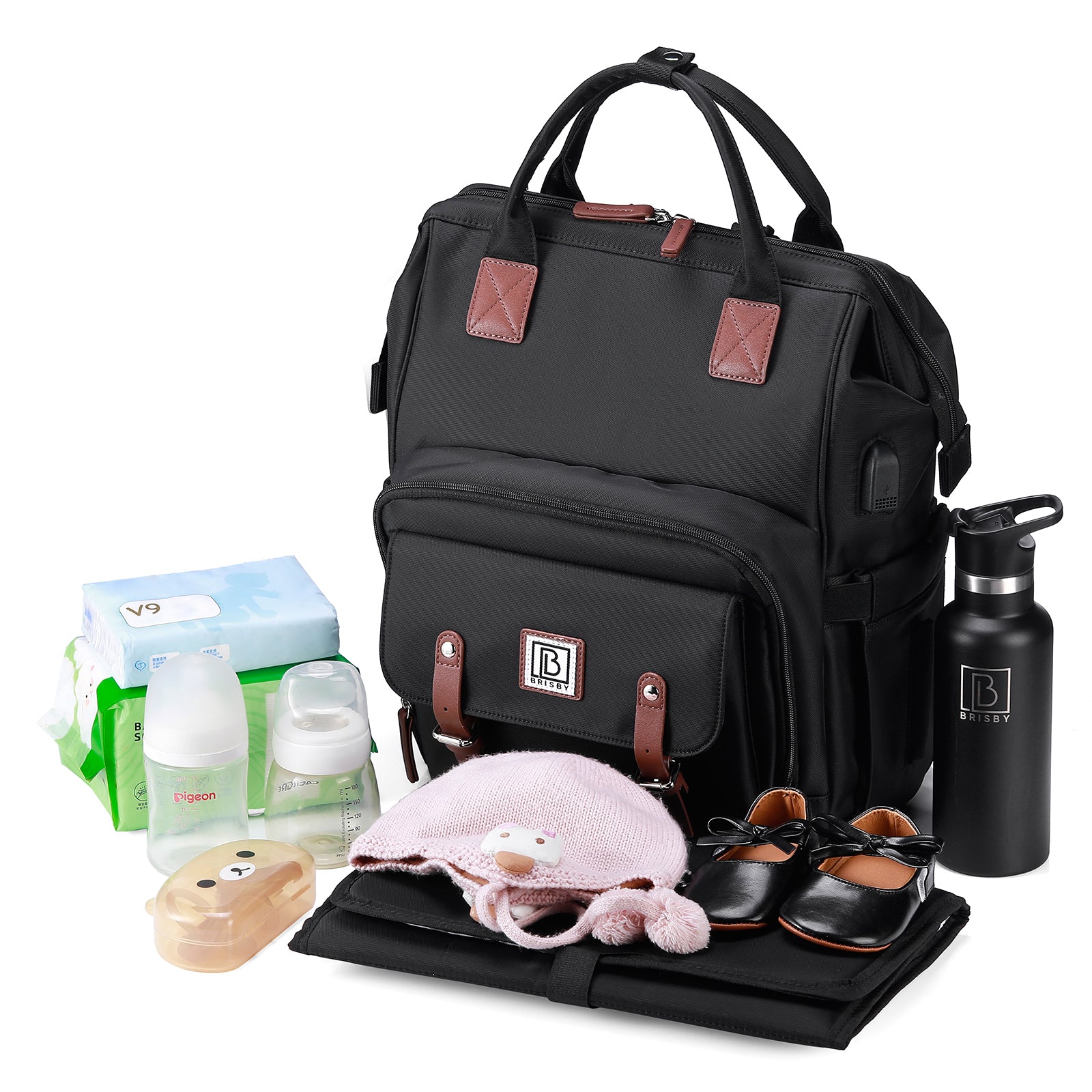 Stayopen luiertas zwart - Verzorgingstas - stay-open frame - USB oplaadfunctie - incl. buggymontage en verschoonmat