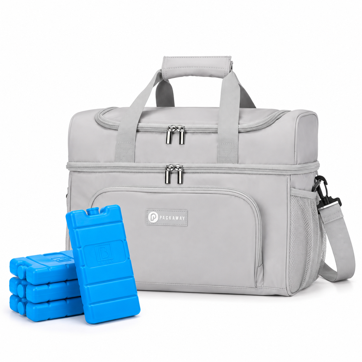 Packaway Koeltas 20L - Lunchtas - Inclusief 4 Koelelementen - Dubbel Compartiment - 4-Laags Geïsoleerd - Waterafstotend - Modern Grey