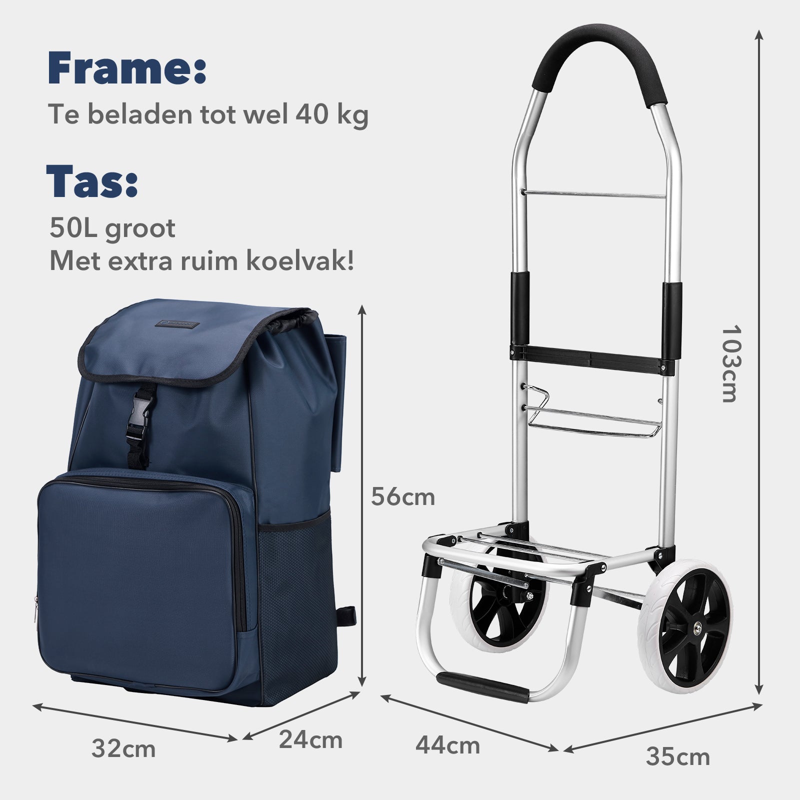 Boodschappentrolley Deluxe 50L met koelvak blauw - boodschappenwagen - steekwagenfunctie